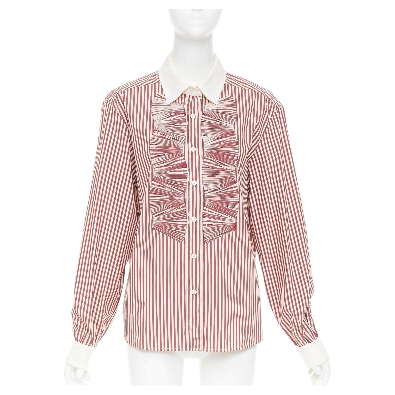 OSCAR DE LA RENTA S08 Stripe Pleated Placket Contrast Collar top US16 4XL For Sale