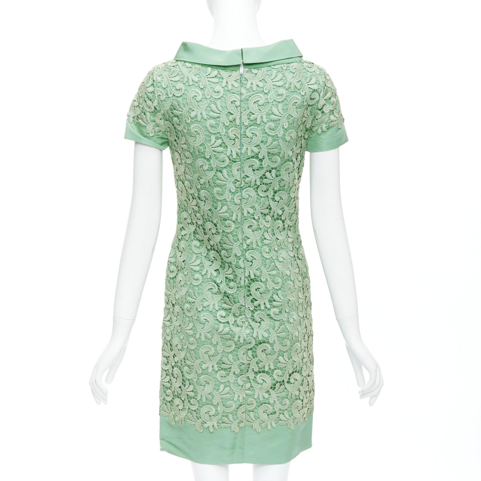 OSCAR DE LA RENTA S12 100%  abito verde in pizzo di cotone e seta con collo alto US0 XS in vendita 1