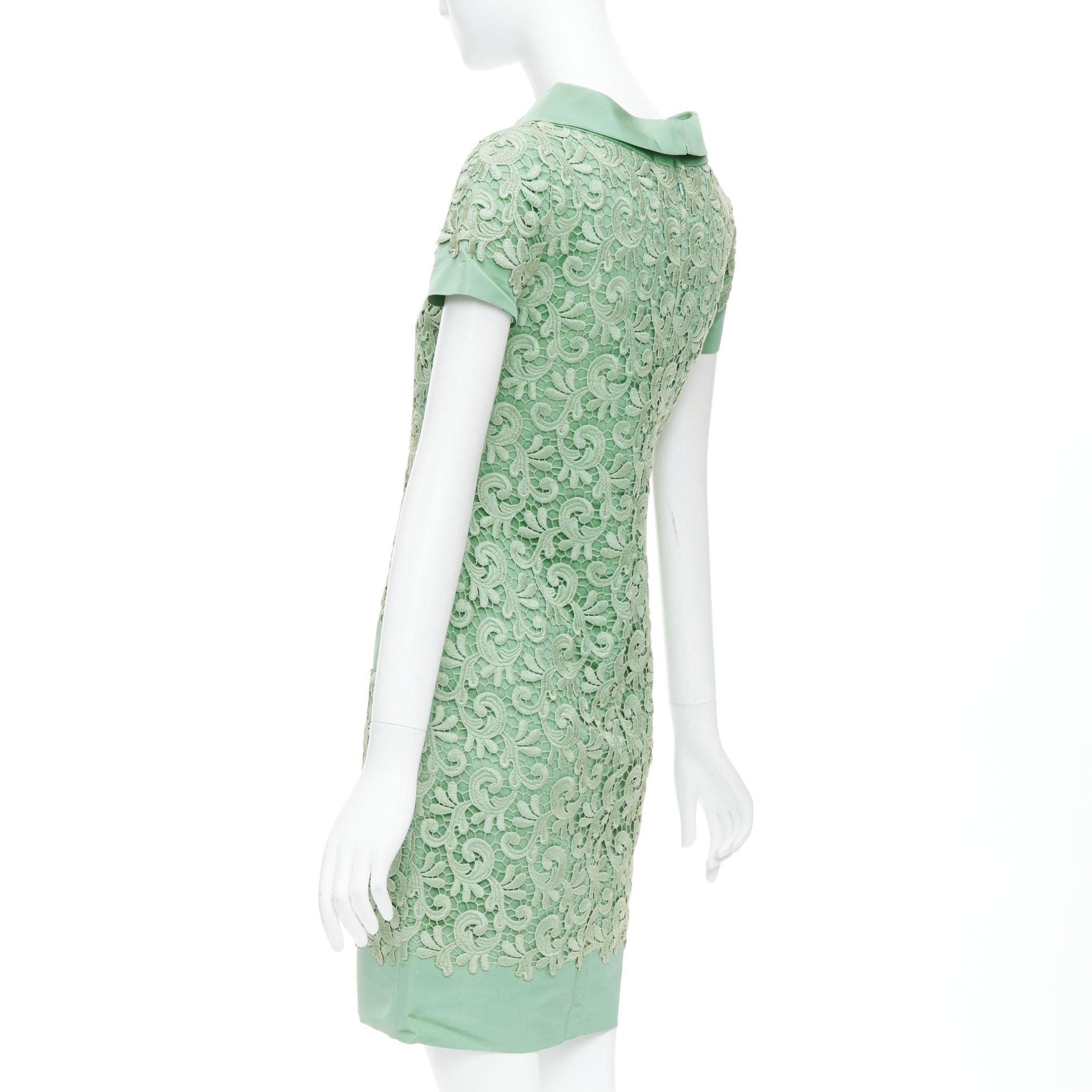 OSCAR DE LA RENTA S12 100%  abito verde in pizzo di cotone e seta con collo alto US0 XS in vendita 2