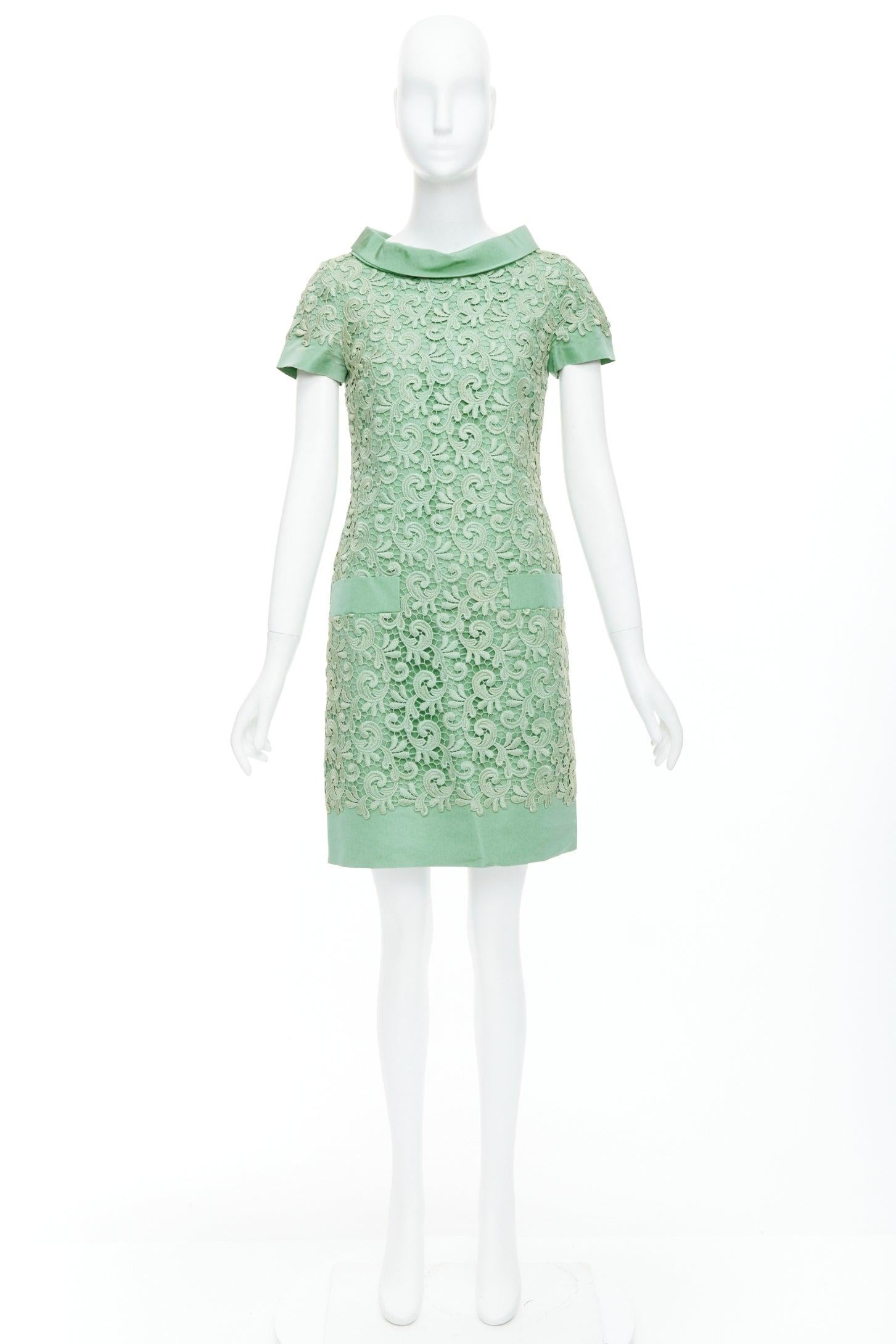 OSCAR DE LA RENTA S12 100%  abito verde in pizzo di cotone e seta con collo alto US0 XS in vendita 5