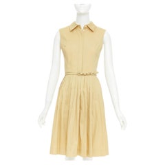 OSCAR DE LA RENTA S14 tan cotton blend sleeveless pleated shirt dress US2 S