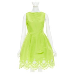 OSCAR DE LA RENTA S15 green silk organza scalloped eyelet fir flared dress US6 M