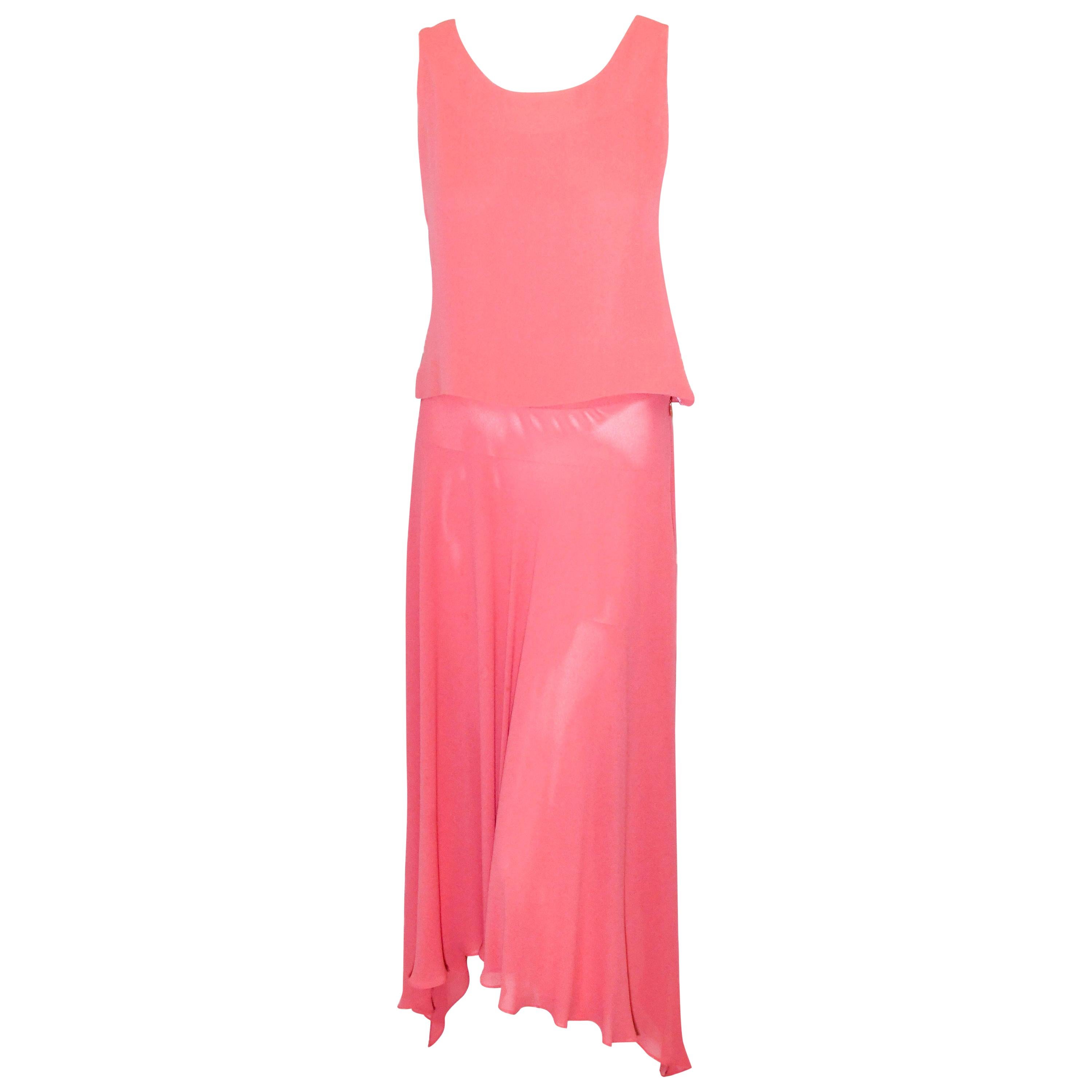 Oscar de la Renta Salmon Crepe de Chine 2 Piece Sleeveless Dress For Sale