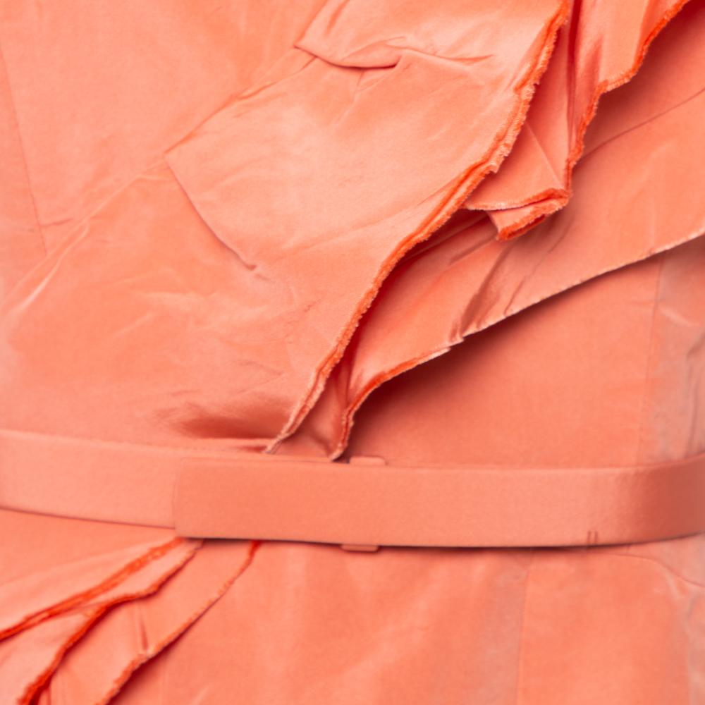 Orange Oscar de la Renta Salmon Pink Silk Ruffle Detail Bustier Mini Dress XL
