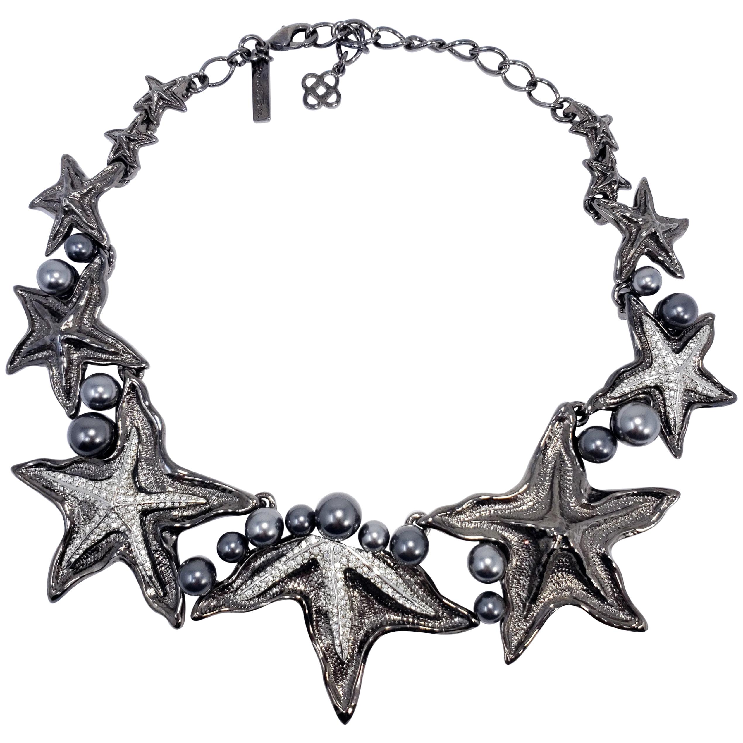 Oscar de la Renta Sea Star Collar Necklace, Swarovski Crystals, Dark Gray Silver