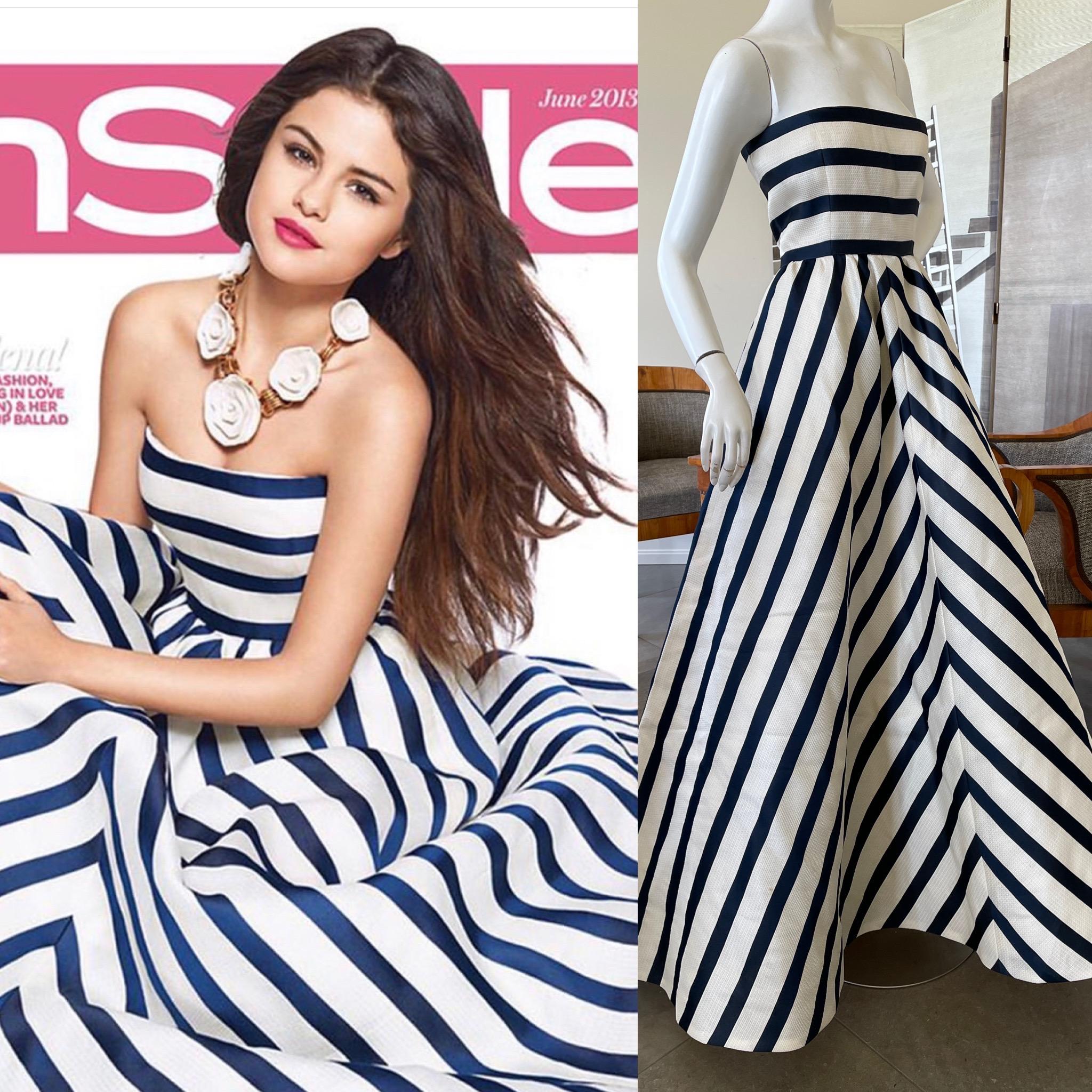 Oscar de la Renta dramatisch gestreiftes trägerloses Ballkleid.
Es hat einen separaten, mehrlagigen Ballrock und ein Vollkorsett im Inneren.
Atemberaubend. Bitte benutzen Sie die Zoomfunktion, um alle bemerkenswerten Details zu sehen.
 Größe 6
Büste