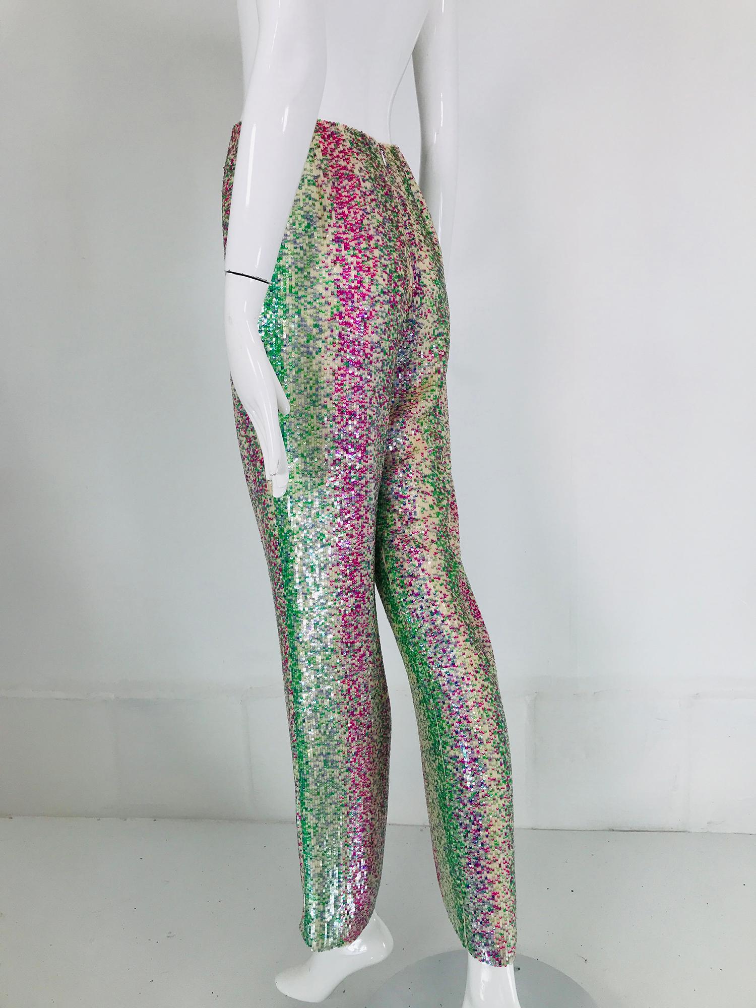 Oscar de la Renta Sequin & Silk Narrow Leg Trouser Magenta, Blue, Green  1990s 5