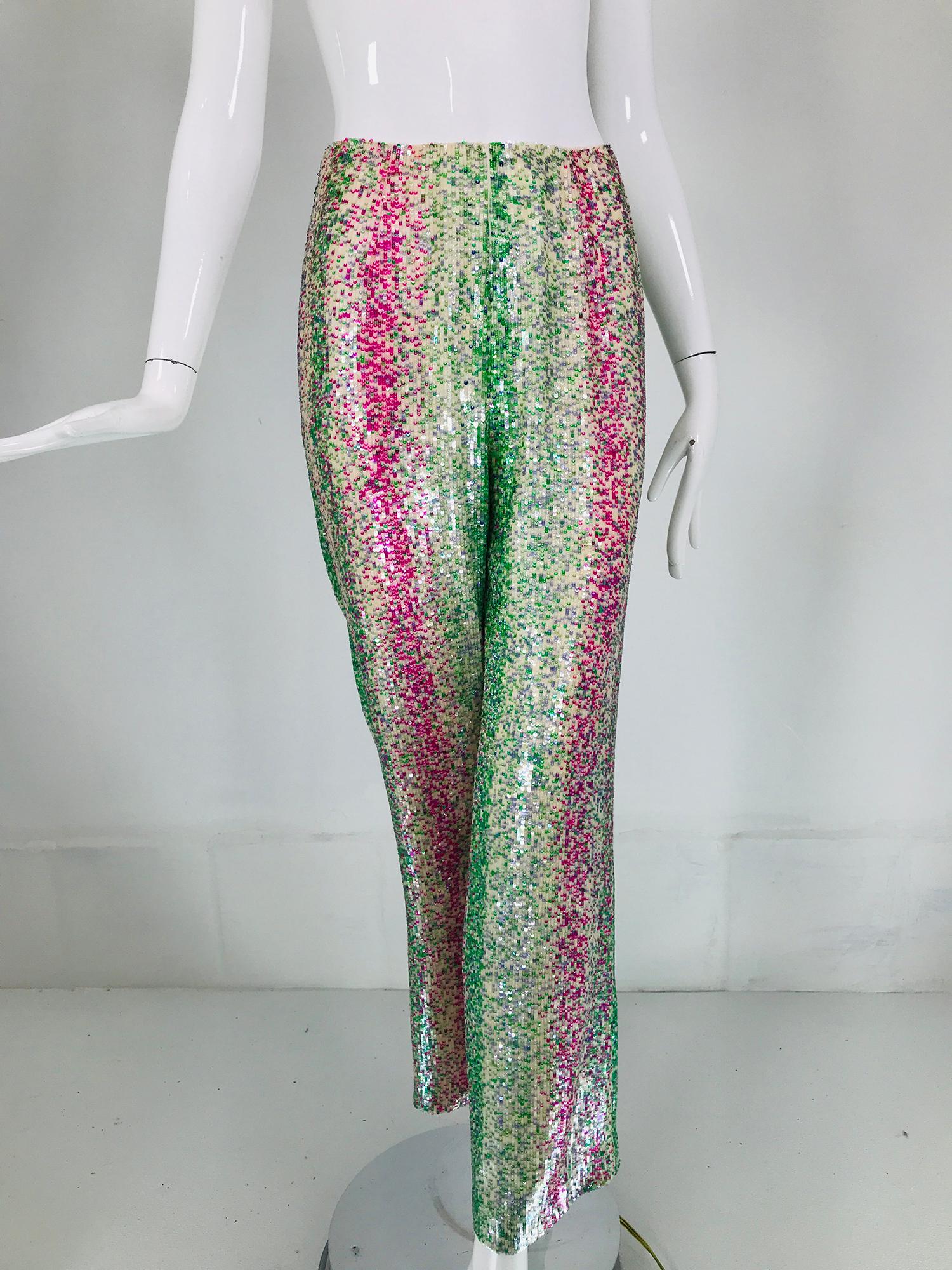 Oscar de la Renta Sequin & Silk Narrow Leg Trouser Magenta, Blue, Green  1990s  7