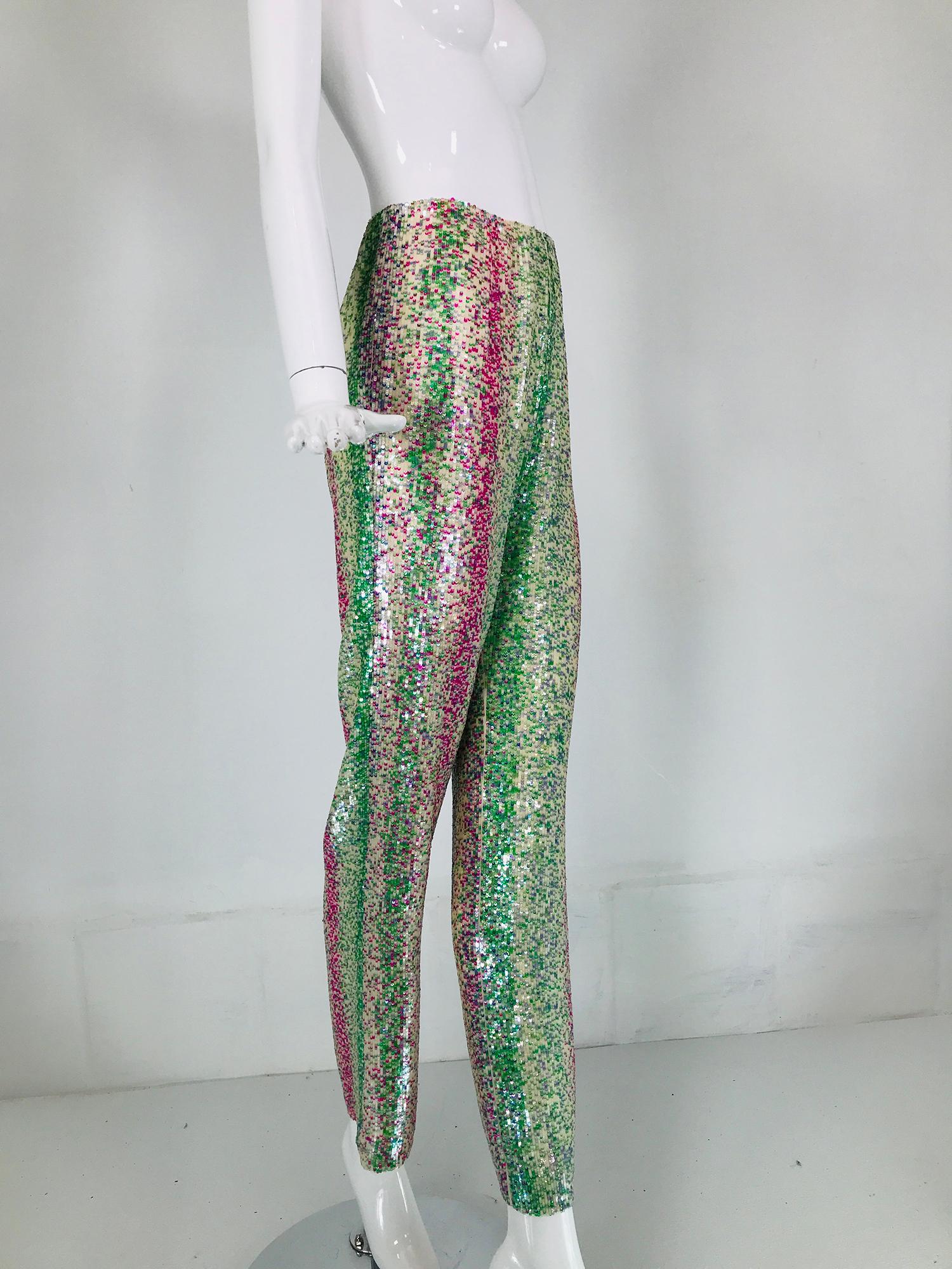 Oscar de la Renta Sequin & Silk Narrow Leg Trouser Magenta, Blue, Green  1990s  In Good Condition In West Palm Beach, FL