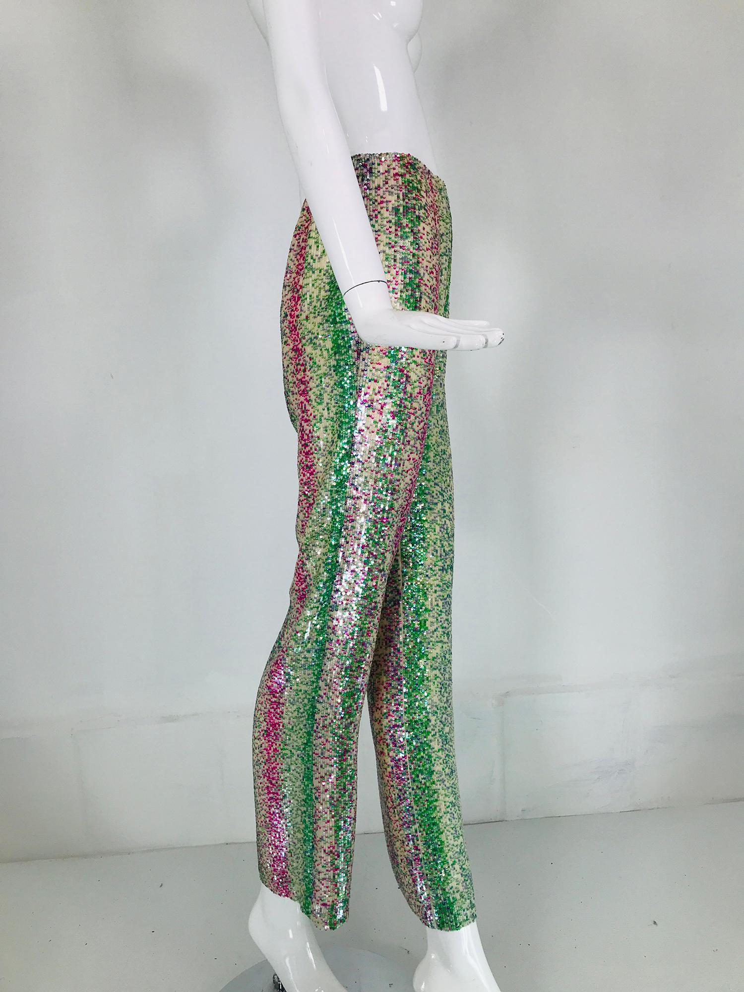 Women's Oscar de la Renta Sequin & Silk Narrow Leg Trouser Magenta, Blue, Green  1990s 