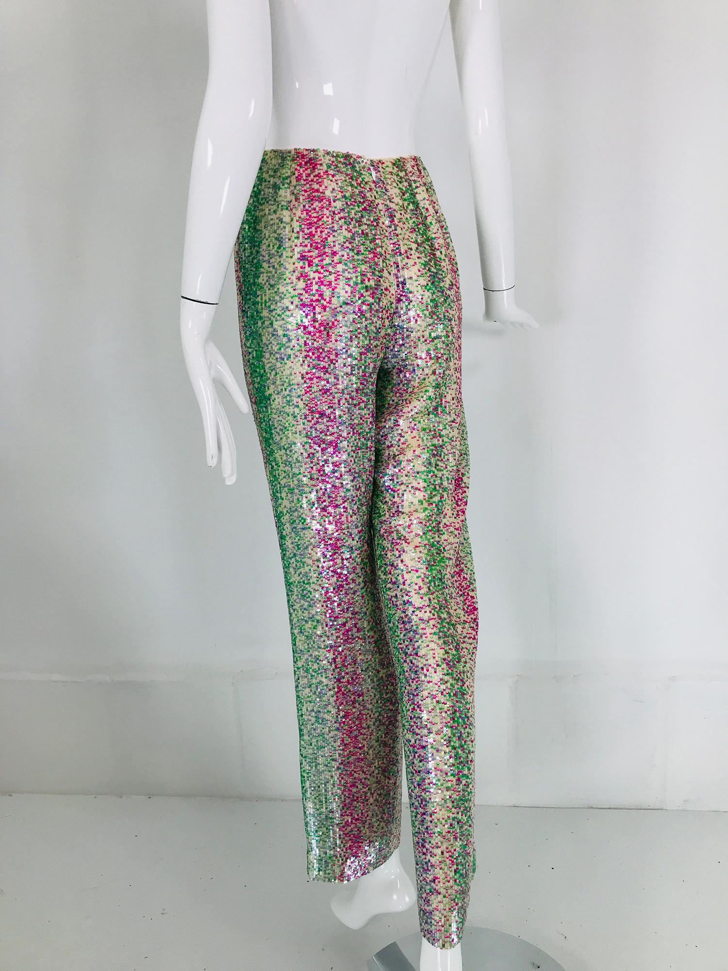 Oscar de la Renta Sequin & Silk Narrow Leg Trouser Magenta, Blue, Green  1990s 4