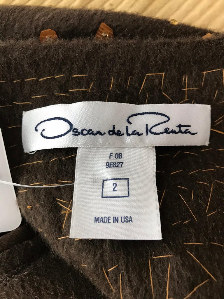 Oscar de la Renta Sequined Chocolate Brown Double Face Wool Coat at ...