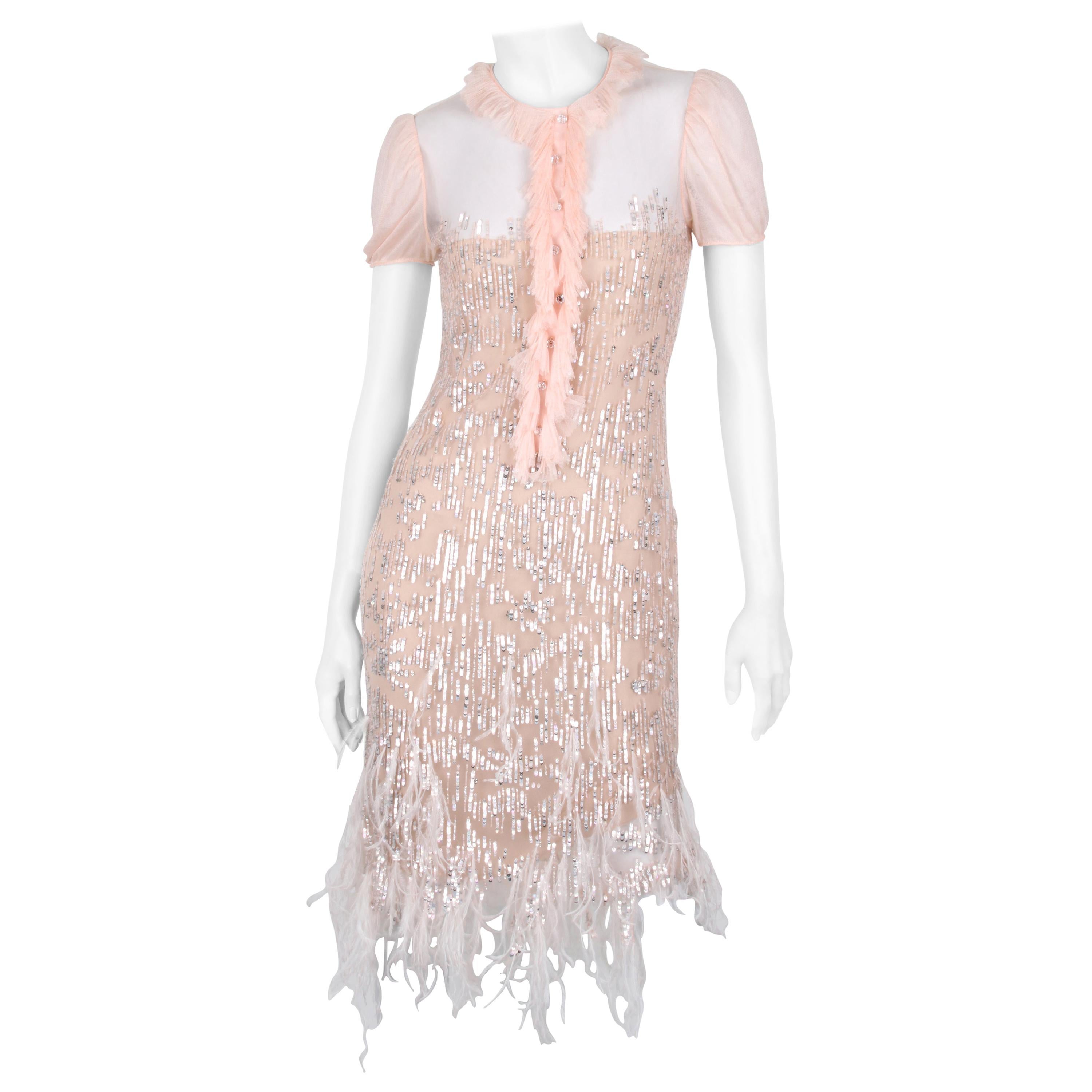 Oscar De La Renta Sequins and Feathers dress For Sale at 1stDibs