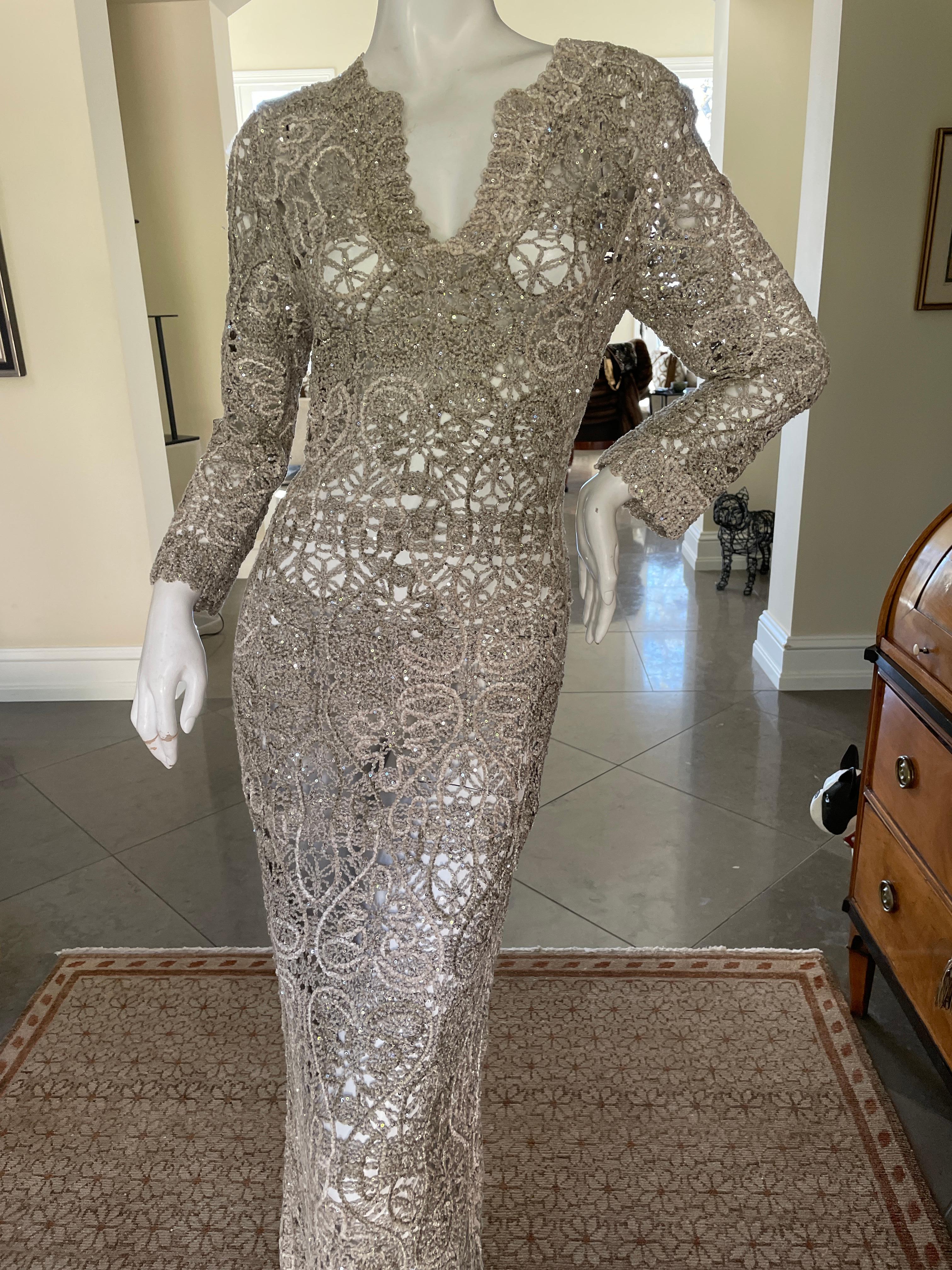 Oscar de la Renta Unusual Sheer Vintage Macrame Chenille Sequin Evening Dress
Stunning. Please use the zoom feature to see all the remarkable details. 
Created of macrame chenille with sequins throughout, it's rather amazing technically.
Appx Size