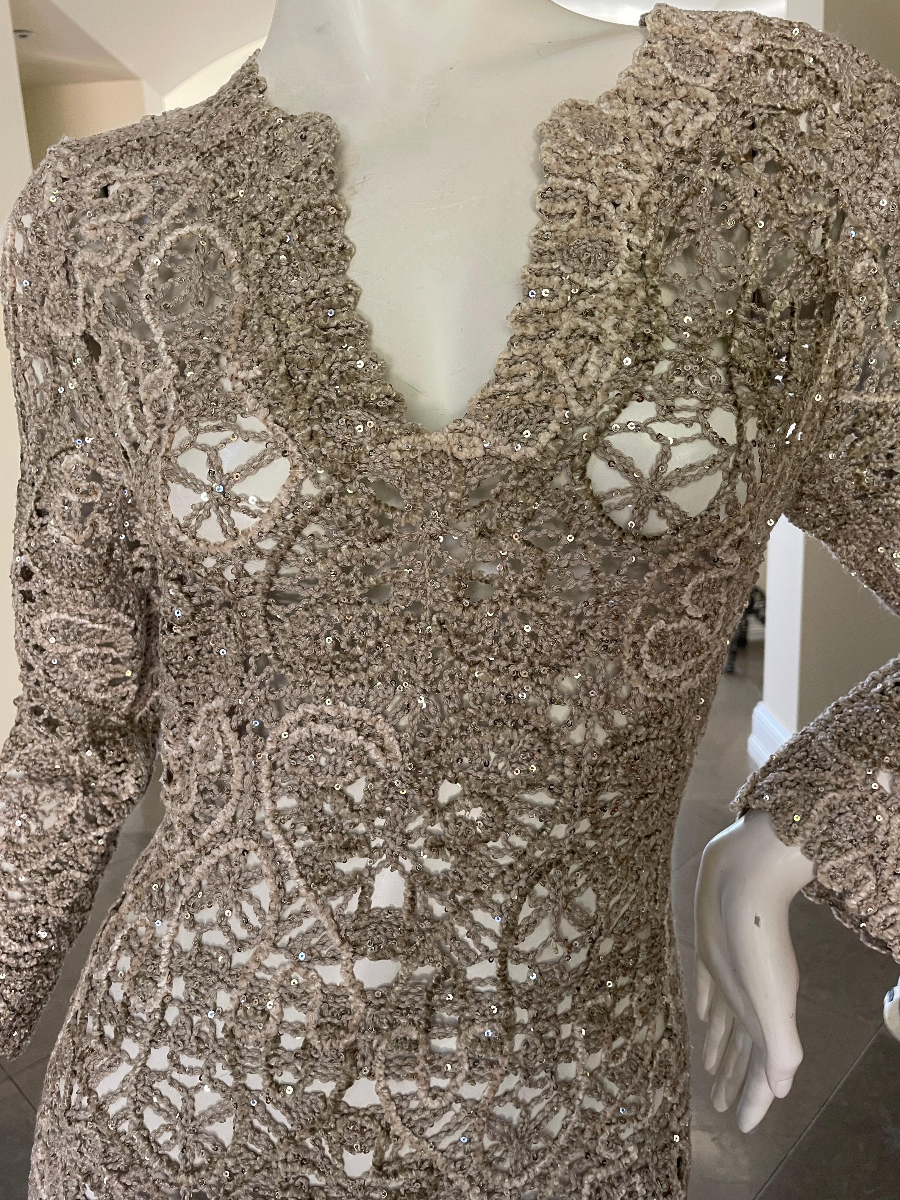 Gray Oscar de la Renta Sheer Vintage Macrame Chenille Sequin Evening Dress
