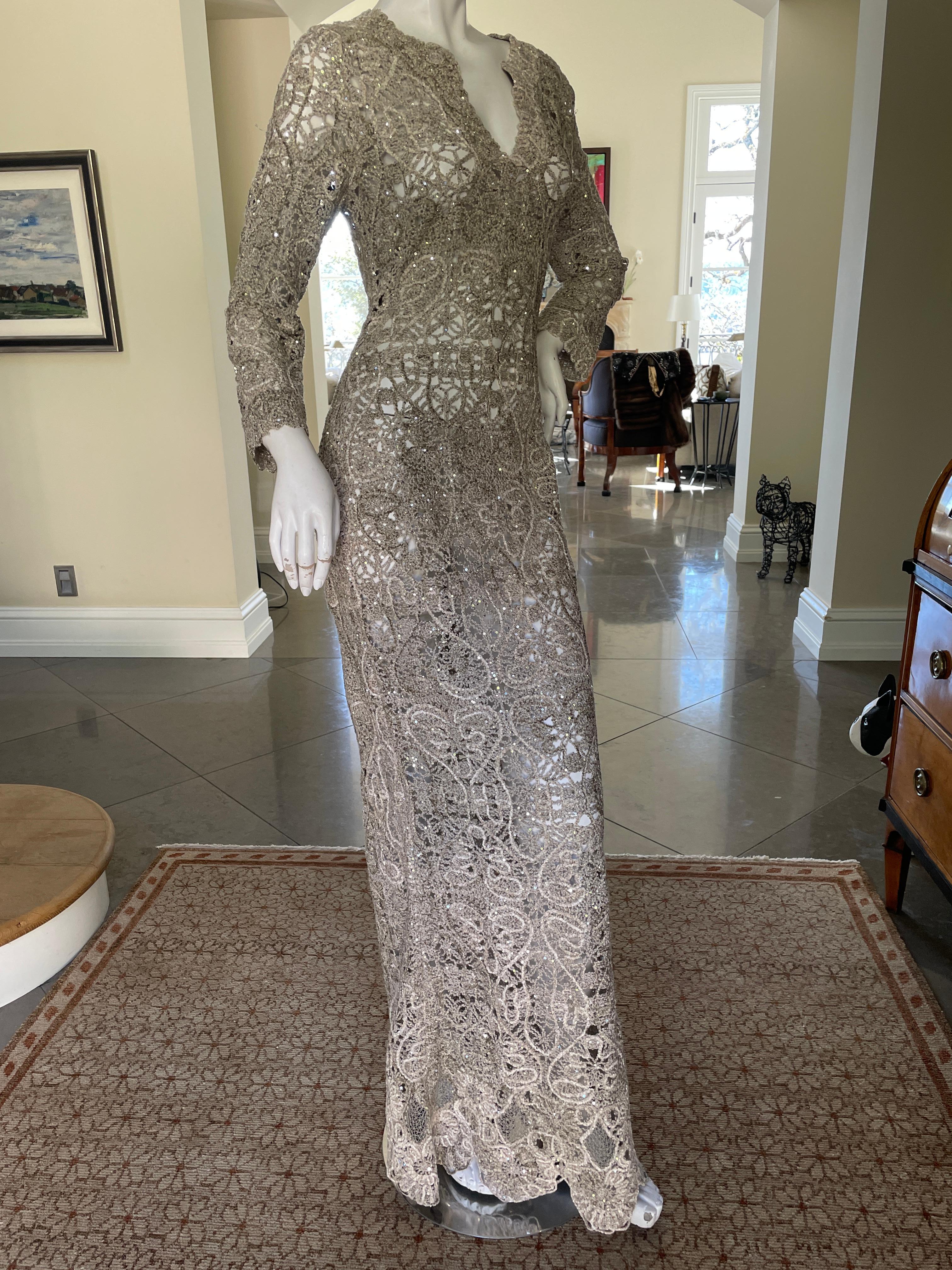 Oscar de la Renta Sheer Vintage Macrame Chenille Sequin Evening Dress In Excellent Condition In Cloverdale, CA