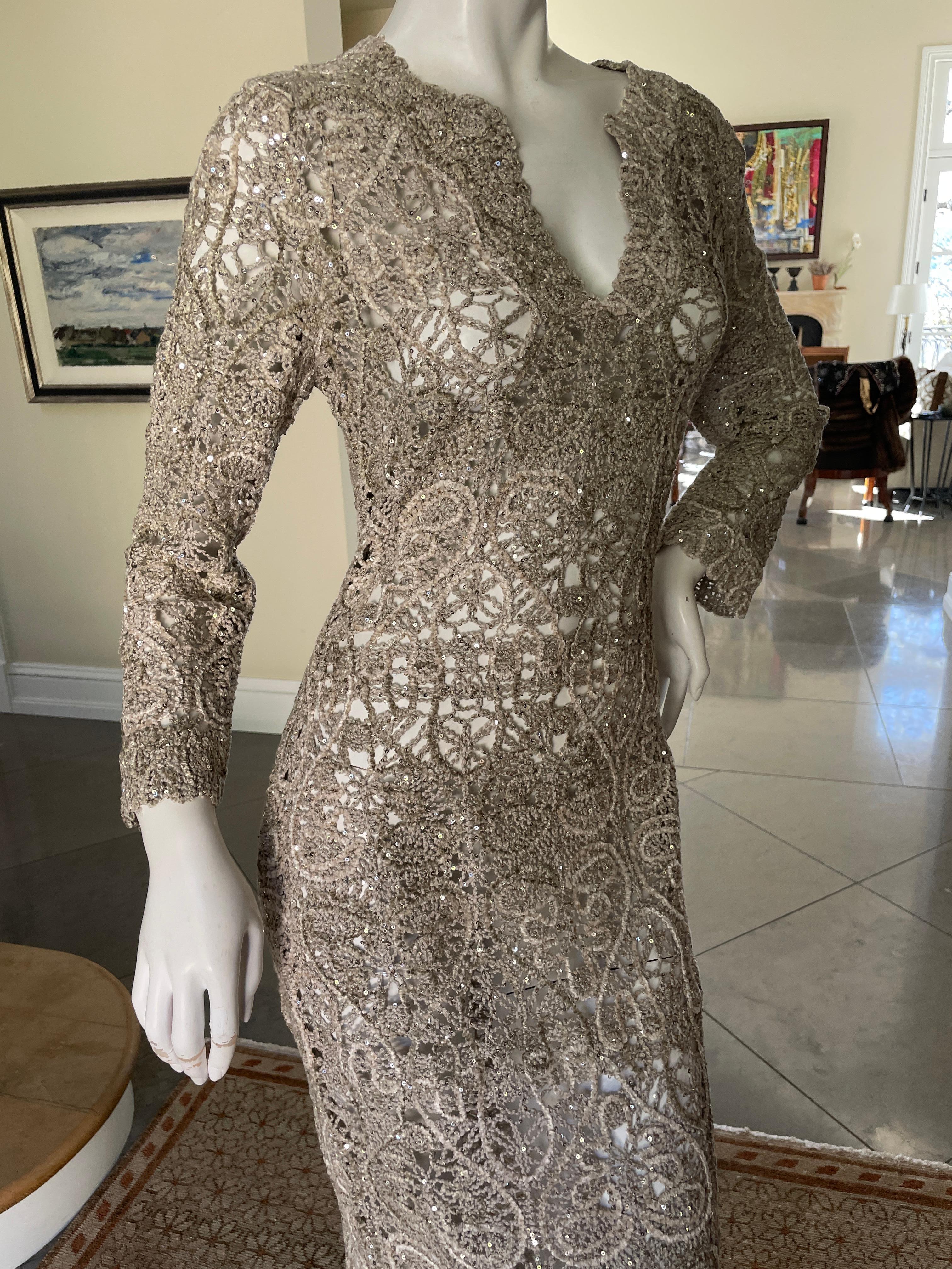 Oscar de la Renta Sheer Vintage Macrame Chenille Sequin Evening Dress 1