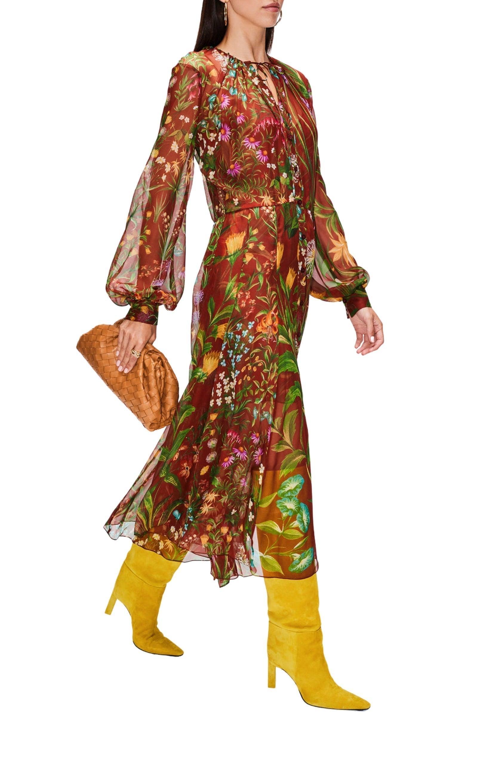 Brown Oscar de la Renta Silk Chiffon Midi Dress Size 4 For Sale