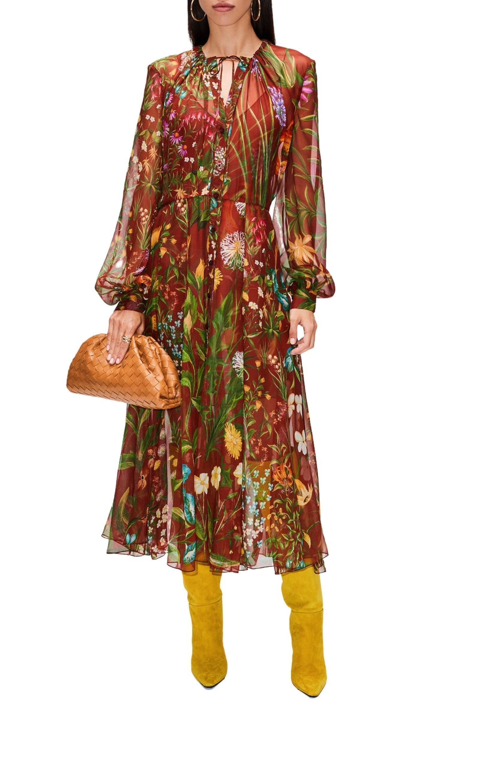 Floral tapestry motif 
Button front 
Long balloon sleeves
Button cuffs 
A-line silhouette 
Midi length
Lined
Composition: 100% Silk
Dry clean
Made in Italy