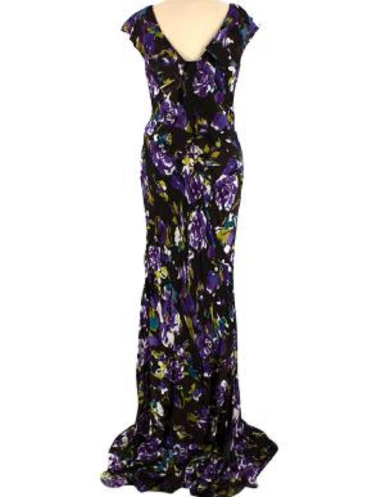 Oscar de la Renta Silk Floral Print Gown

- Silk gown in dark brown with purple, green and cream abstract floral print 
- Sleeveless with draped shoulder and neck panel giving a cowl neck and cap sleeve effect
- Long maxi length 
- Lightweight