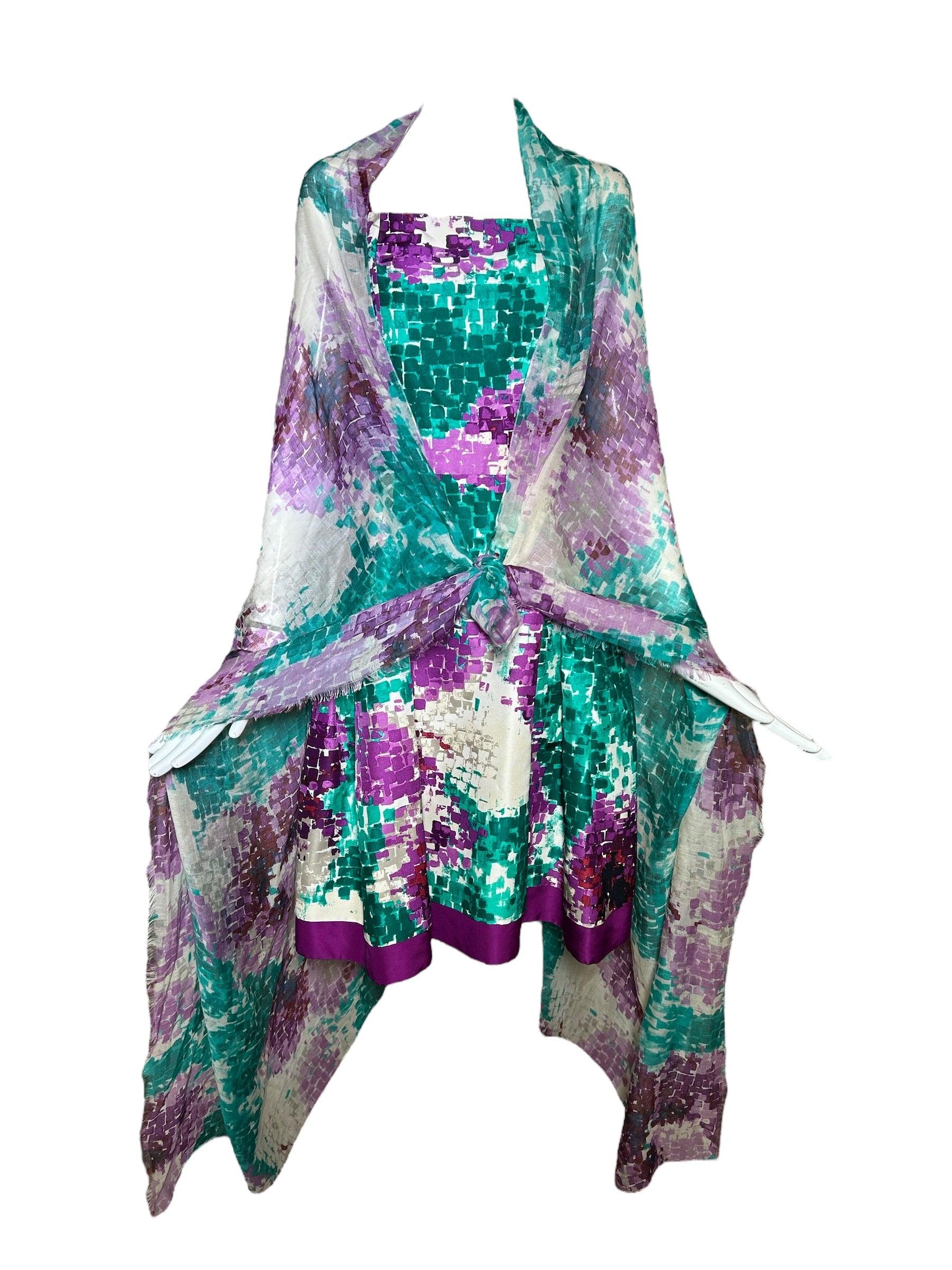 Oscar De La Renta Silk Purple Fit & Flare Dress W/ Maxi Shawl, 2010s Neuf - En vente à Los Angeles, CA