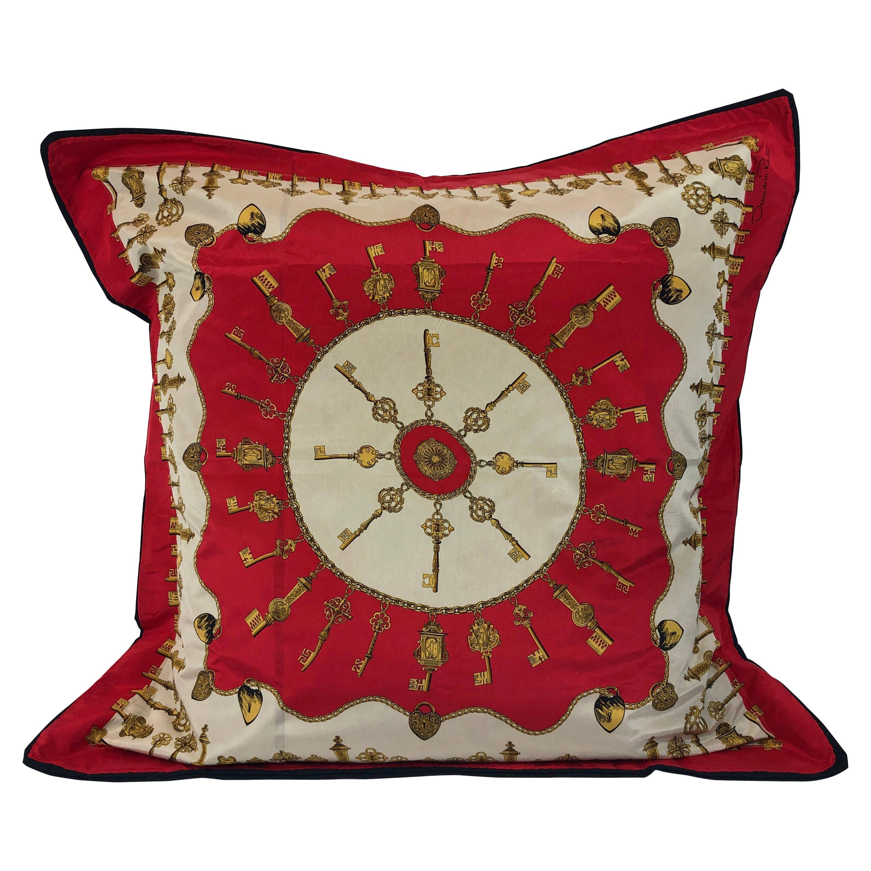 Oscar De La Renta Silk Scarf in Red, Gold, White & Black and Upholstered Pillow For Sale