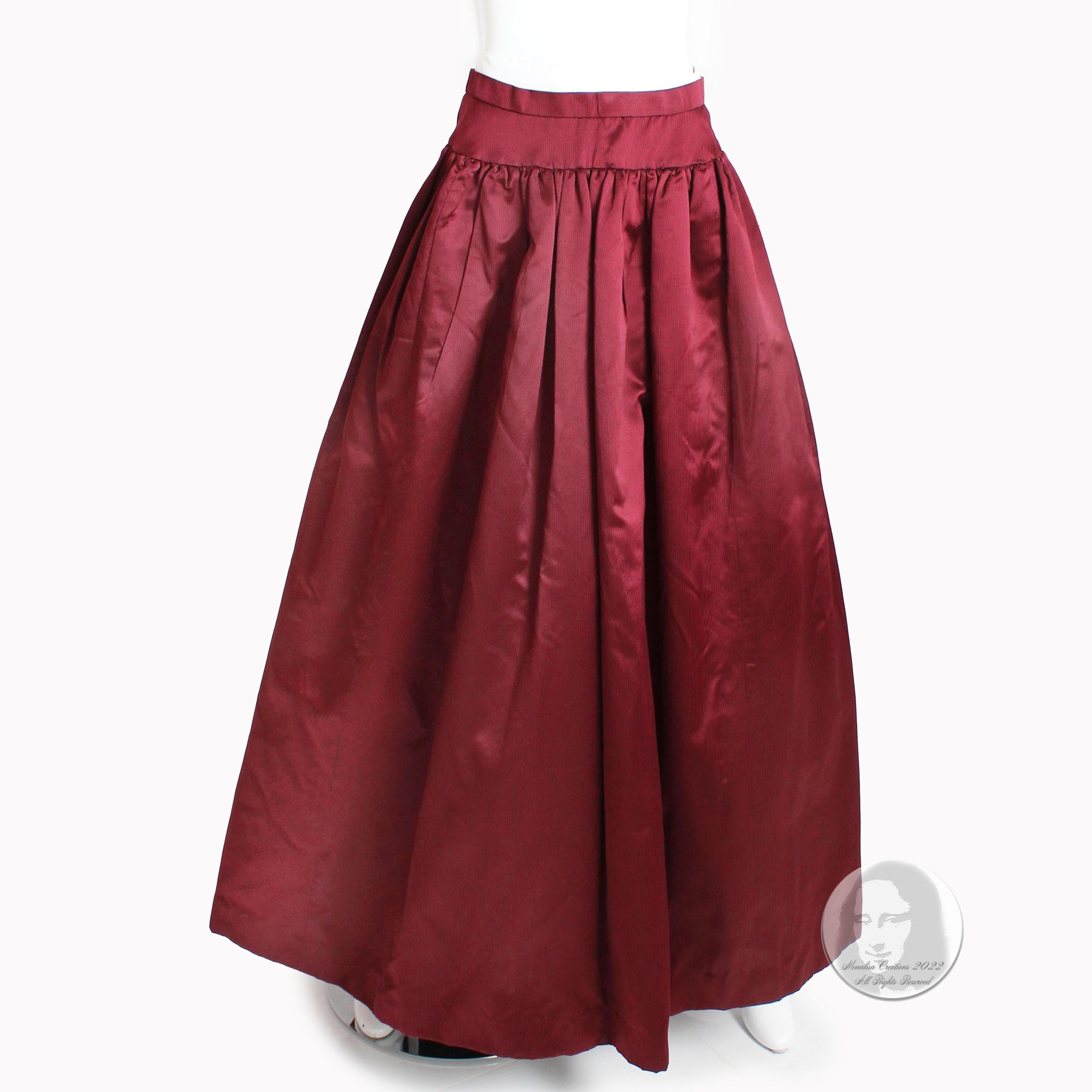 Authentic, preowned, vintage 70s Oscar de la Rental Long Formal Skirt with thin pinstripe pattern in red/black (see close up image of fabric). Looks amazing with our vintage sheared beaver cape, (as shown in pic 7, shown for styling inspiration but