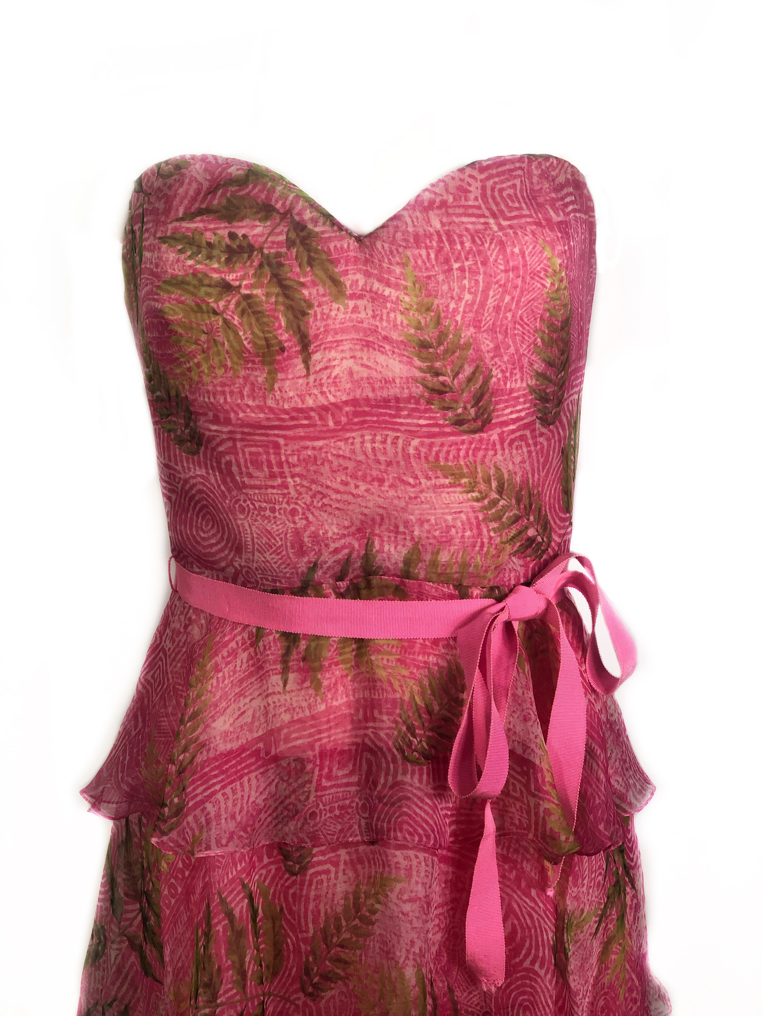 OSCAR DE LA RENTA Pink Strapless Midi Dress w/ Belt Size 6

Product details:
Size 6
Featuring green leaves print detail
Double rear zip and hook closure on the back 
Made in USA
