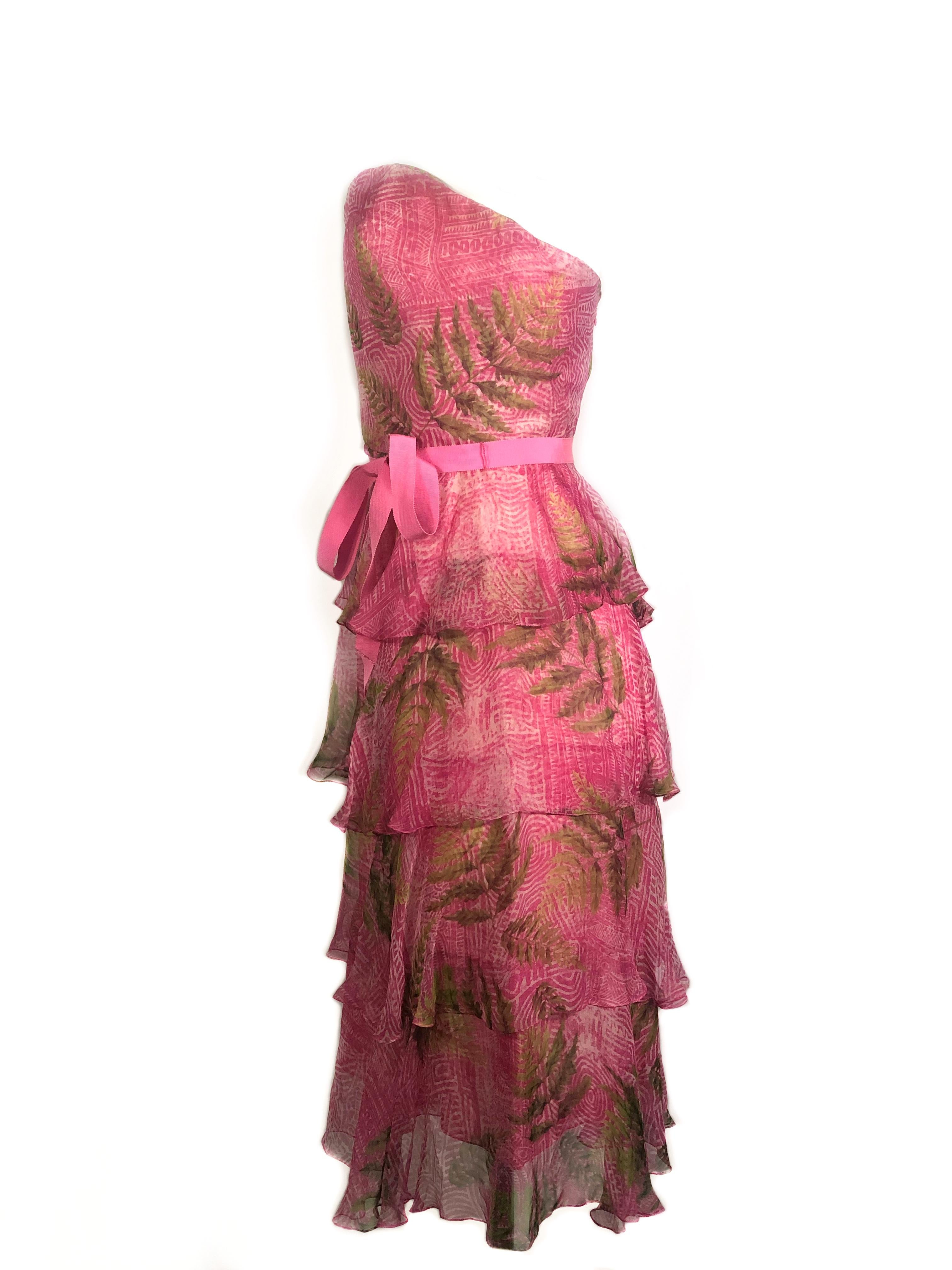 OSCAR DE LA RENTA Silk Strapless Pink Midi Dress w/ Belt Size 6 For Sale 1