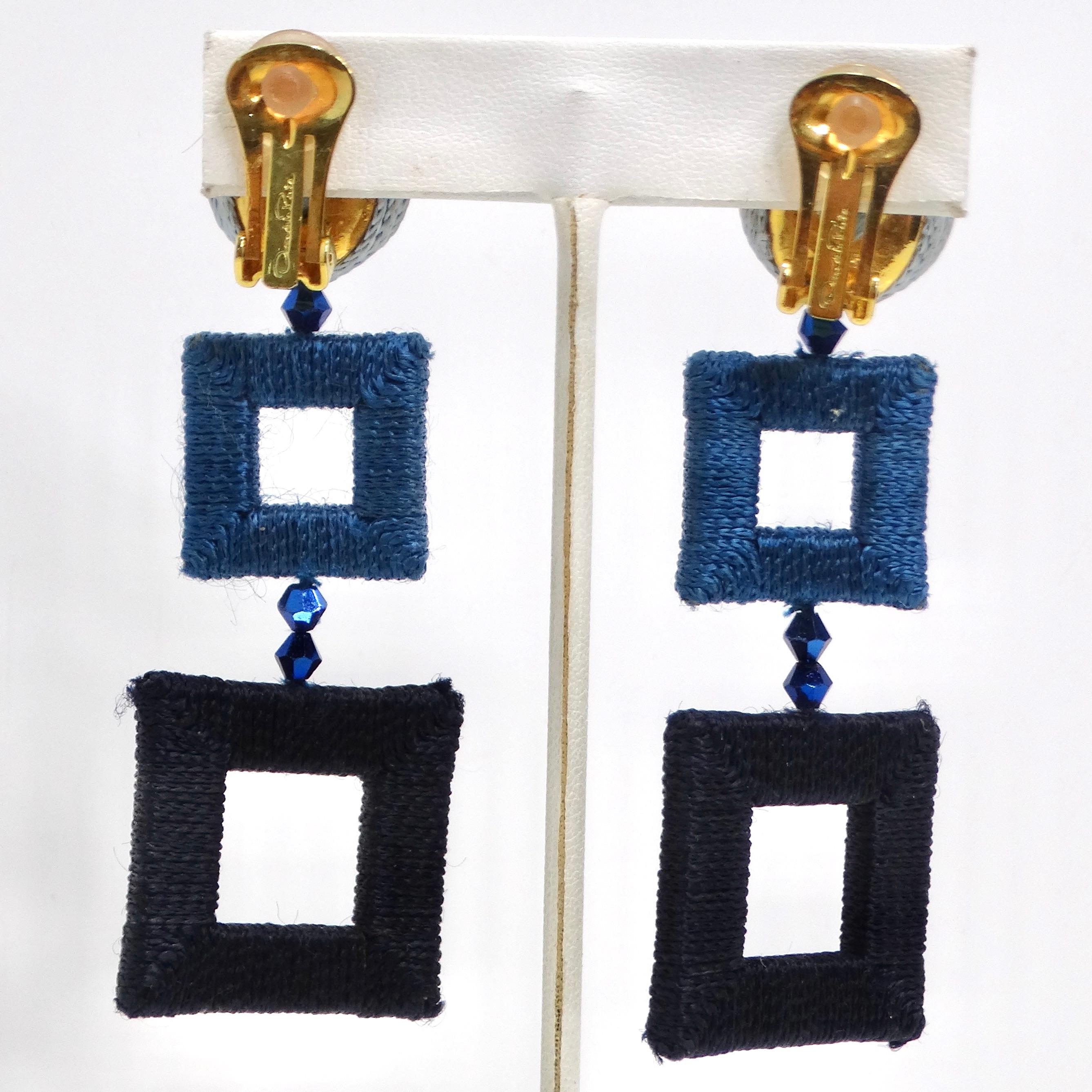 Oscar De La Renta - Boucles d'oreilles à clip double carré enveloppées de soie en vente 1