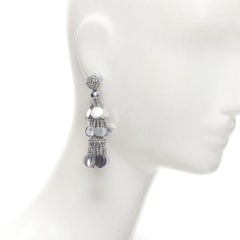 OSCAR DE LA RENTA silver beaded sequins tiered tassels drop stud earrings