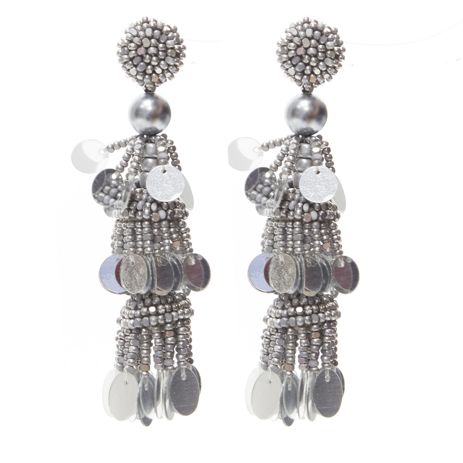 OSCAR DE LA RENTA silver beaded sequins tiered tassels drop stud earrings
