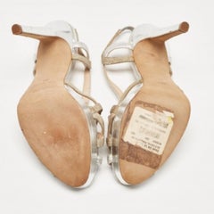 Oscar de la Renta Silver/Beige Leather & Canvas Strappy Platform Sandals Size 37