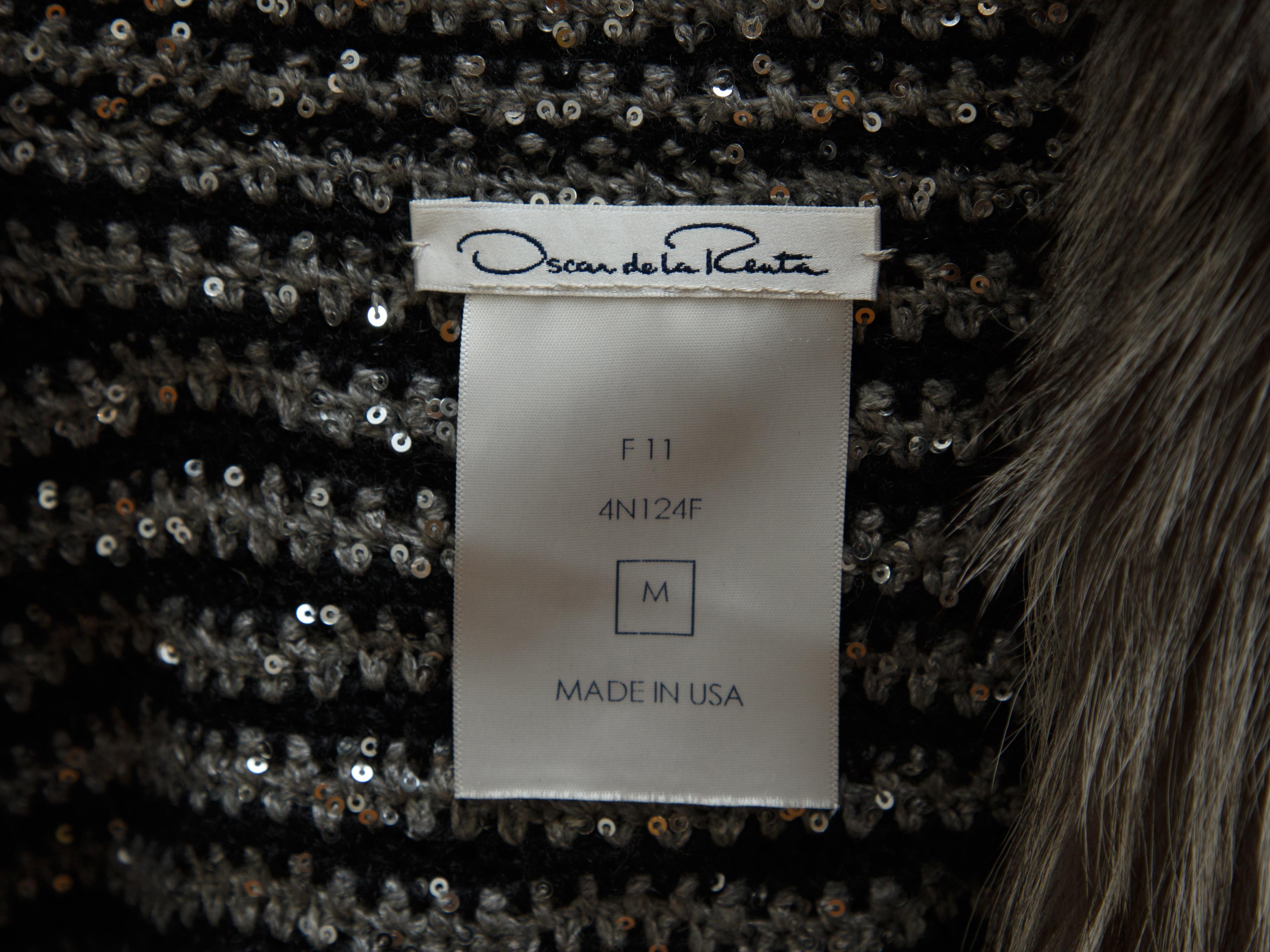 Gray Oscar de la Renta Silver & Black Fur-Trimmed Sweater