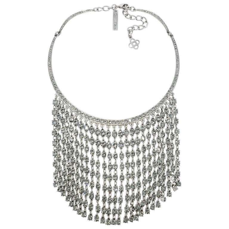 Oscar de la Renta Silver Collar Tassel Bib Necklace, Gray Swarovski  Crystals For Sale at 1stDibs