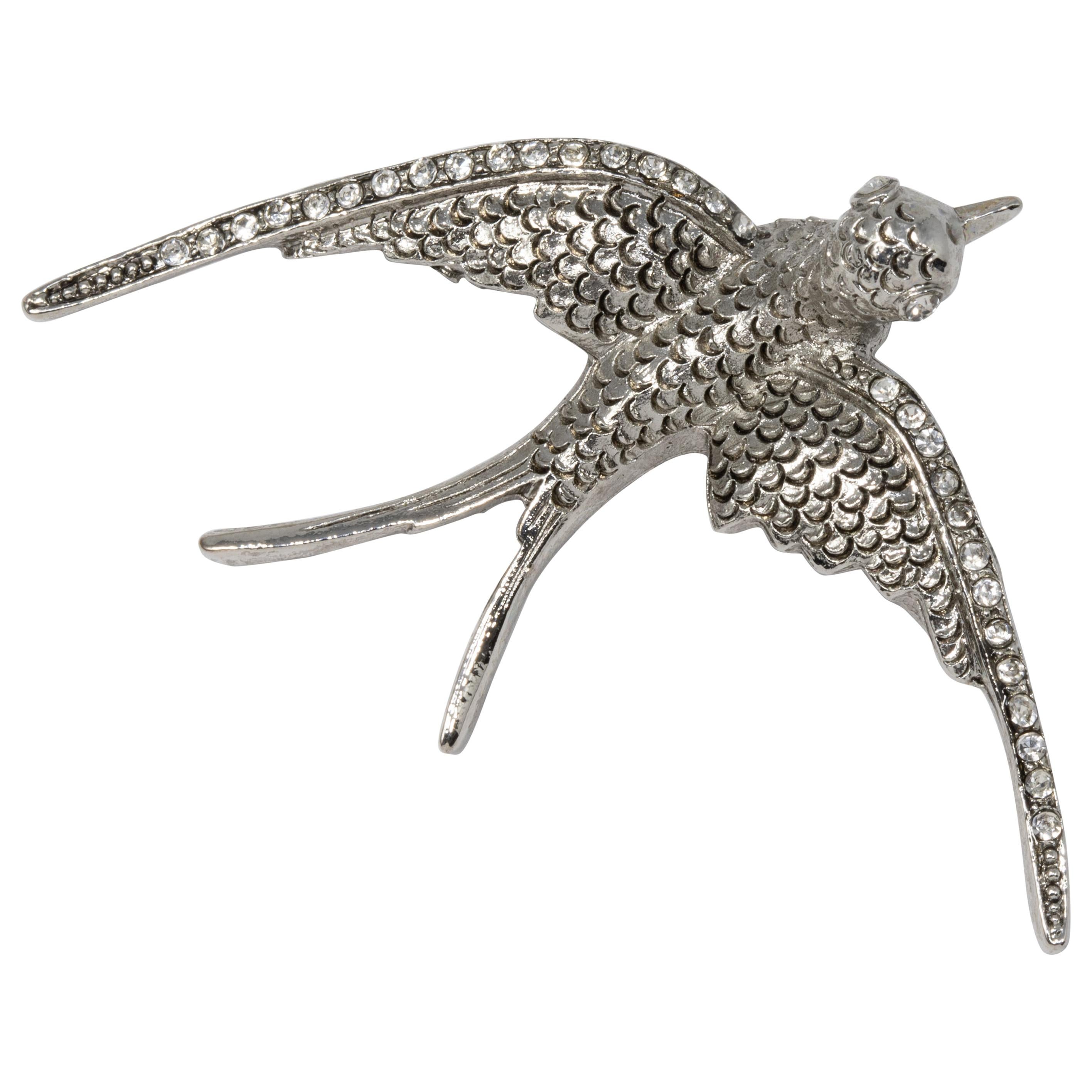 Oscar de la Renta Silver Crystal Dove Bird Pin Brooch