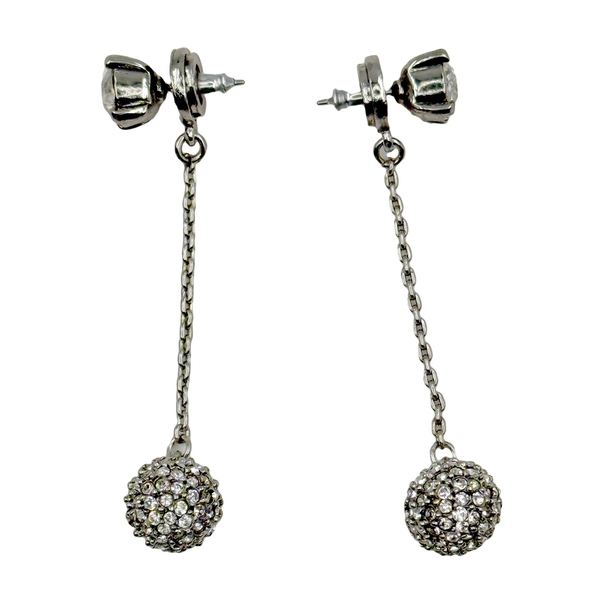Contemporary Oscar de la Renta Silver Crystal Pavé Ball Drop Dangle Post Earrings Made in US For Sale