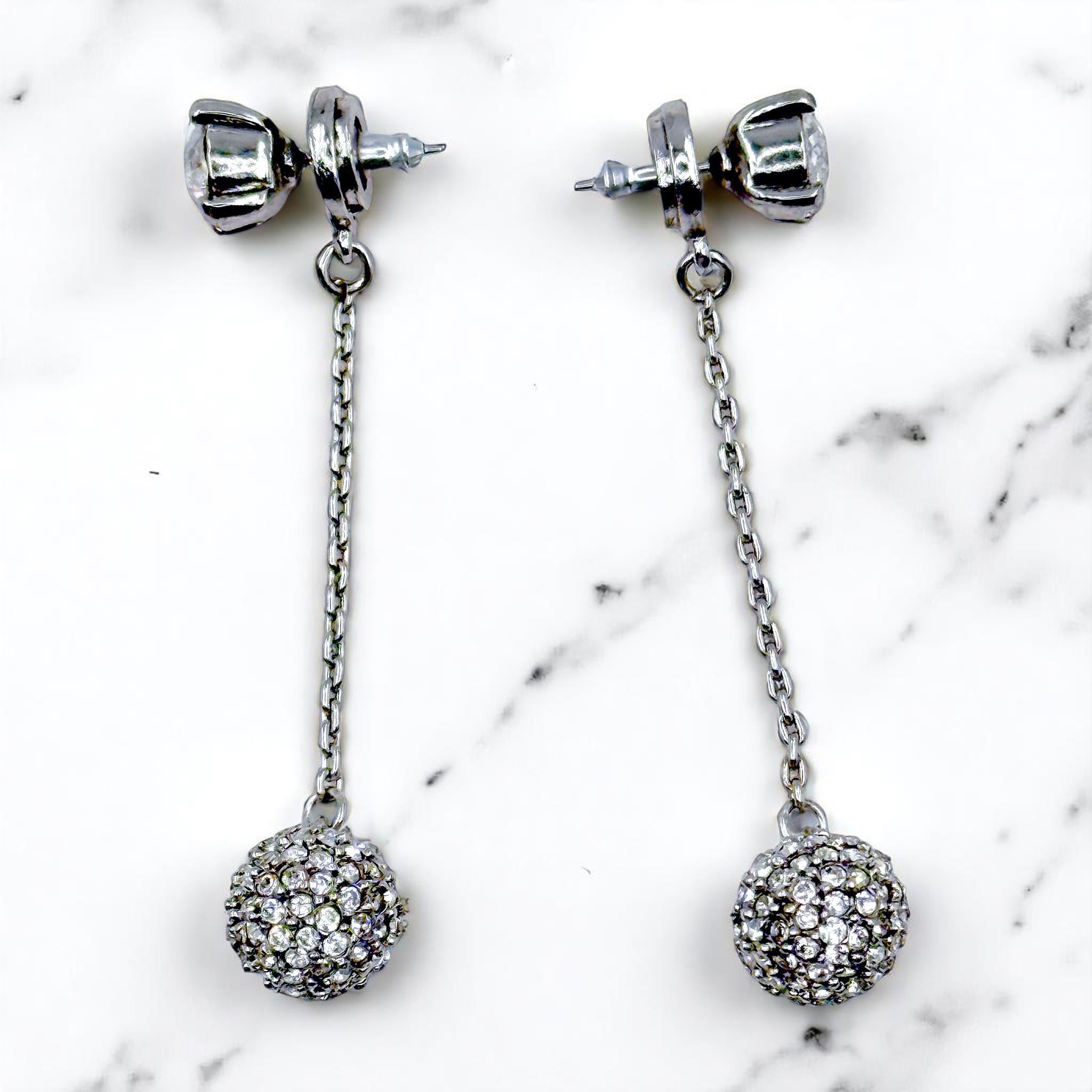 Women's Oscar de la Renta Silver Crystal Pavé Ball Drop Dangle Post Earrings Made in US For Sale