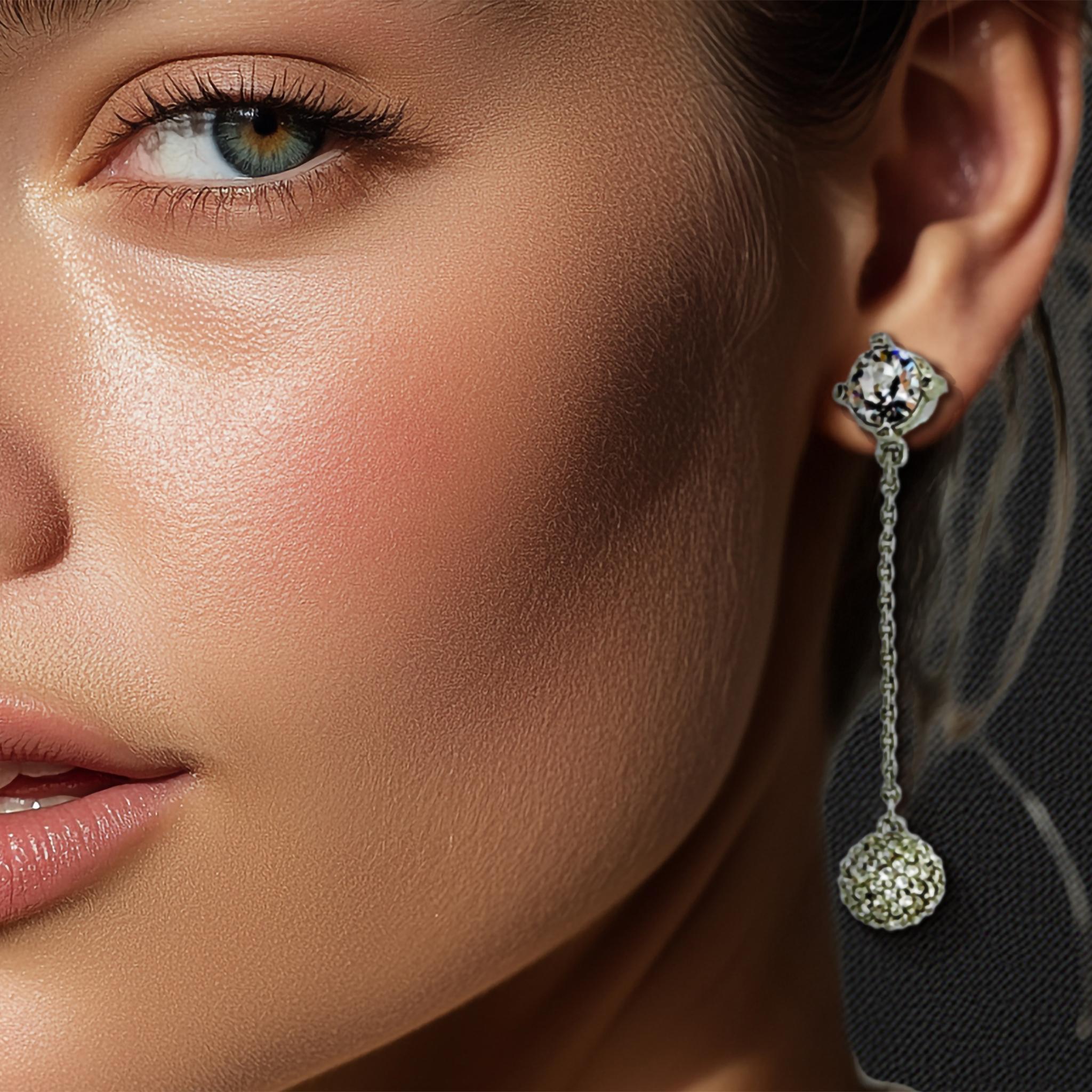 Oscar de la Renta Silver Crystal Pavé Ball Drop Dangle Post Earrings Made in US For Sale 2