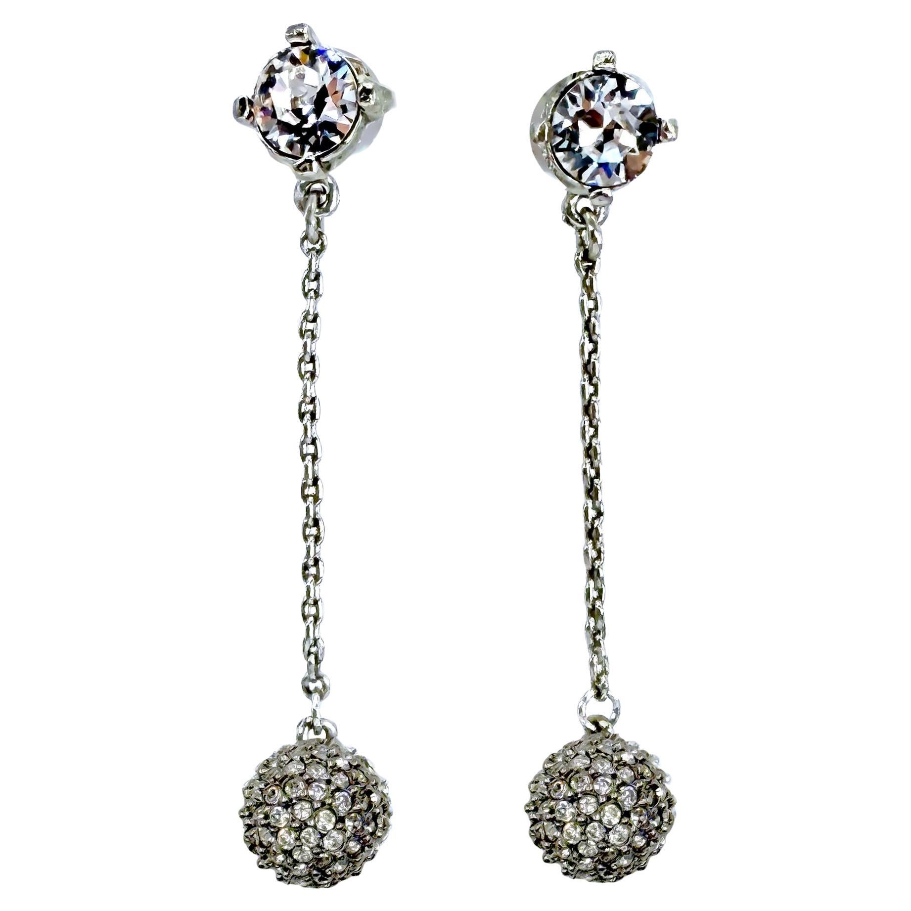 Oscar de la Renta Silver Crystal Pavé Ball Drop Dangle Post Earrings Made in US For Sale