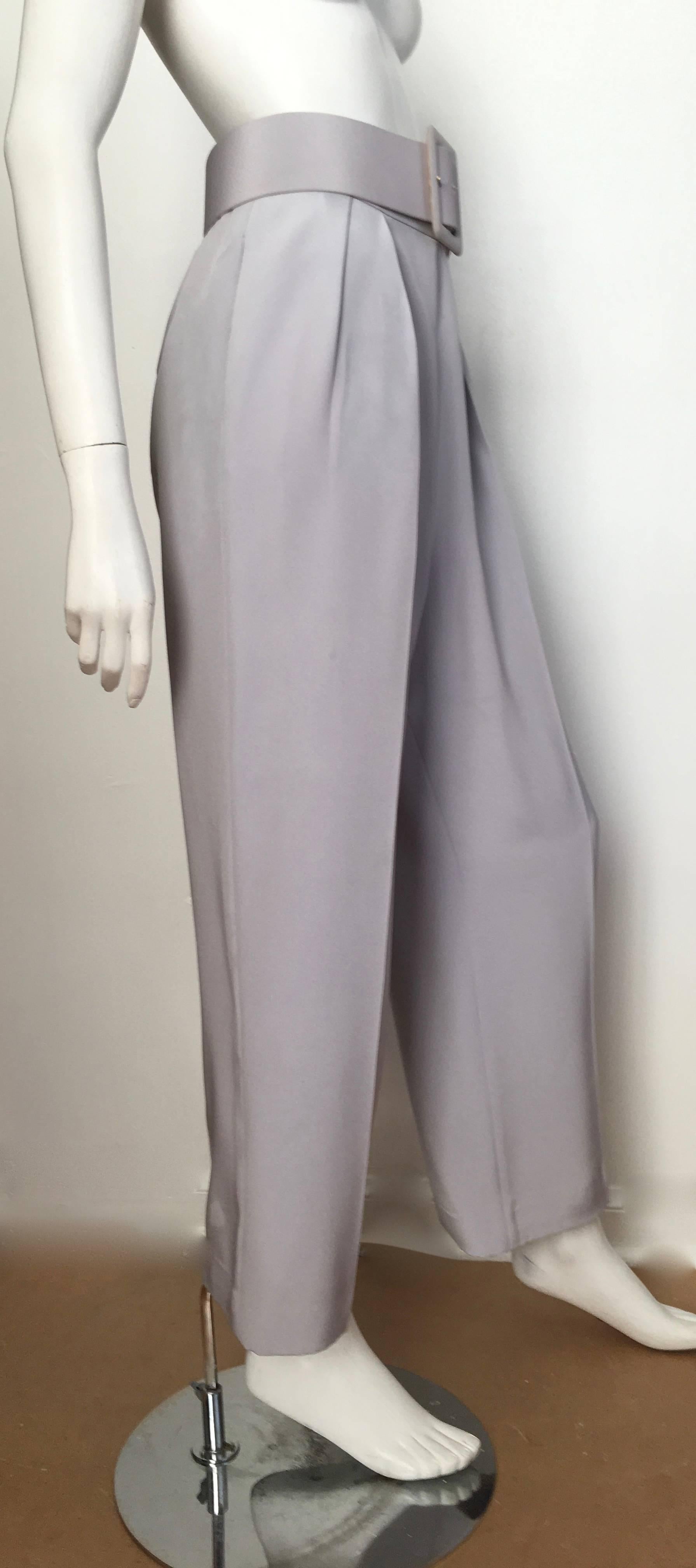 Oscar de la Renta Silver Grey Silk Pleated Pants with Pockets & Belt Size 6. 1
