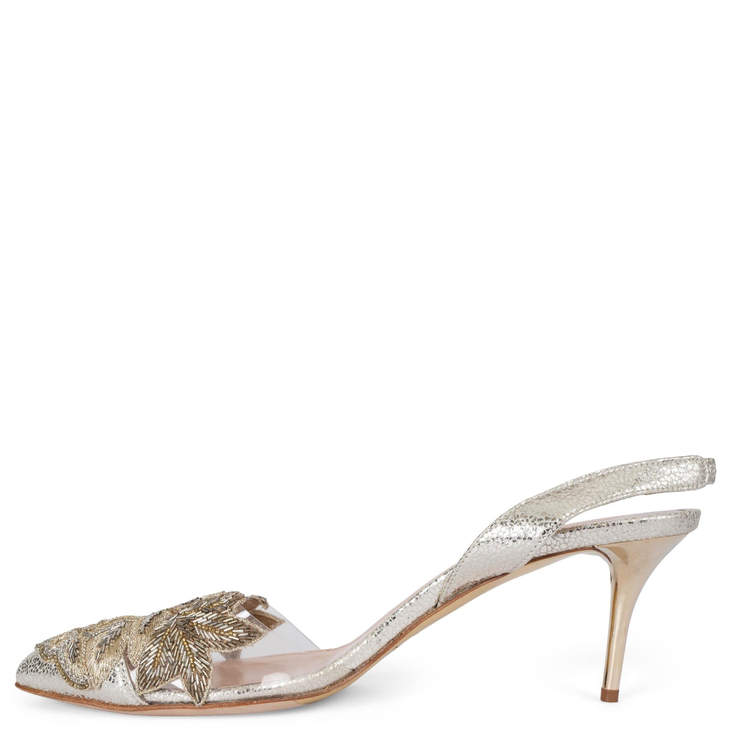 Beige OSCAR DE LA RENTA silver leather BEADED BROCADE Slingbacks Shoes 38.5 fit 38 For Sale