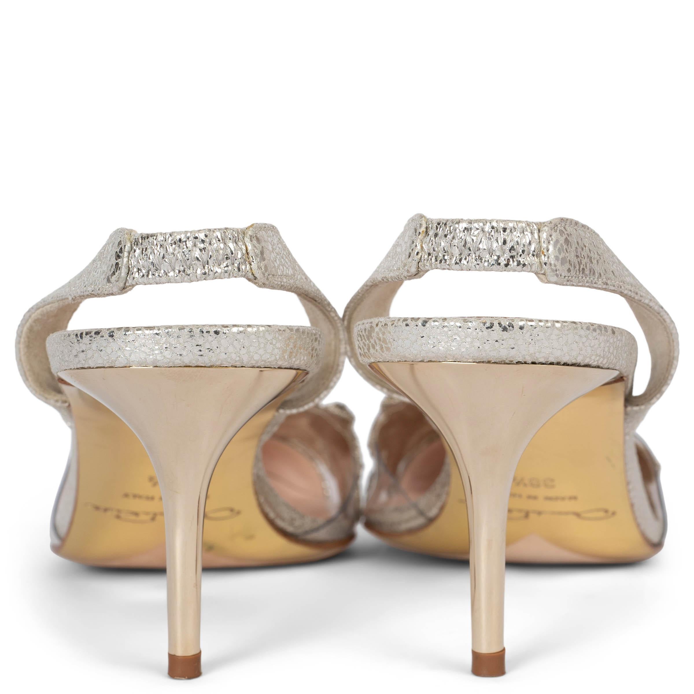 OSCAR DE LA RENTA silver leather BEADED BROCADE Slingbacks Shoes 38.5 fit 38 In New Condition For Sale In Zürich, CH