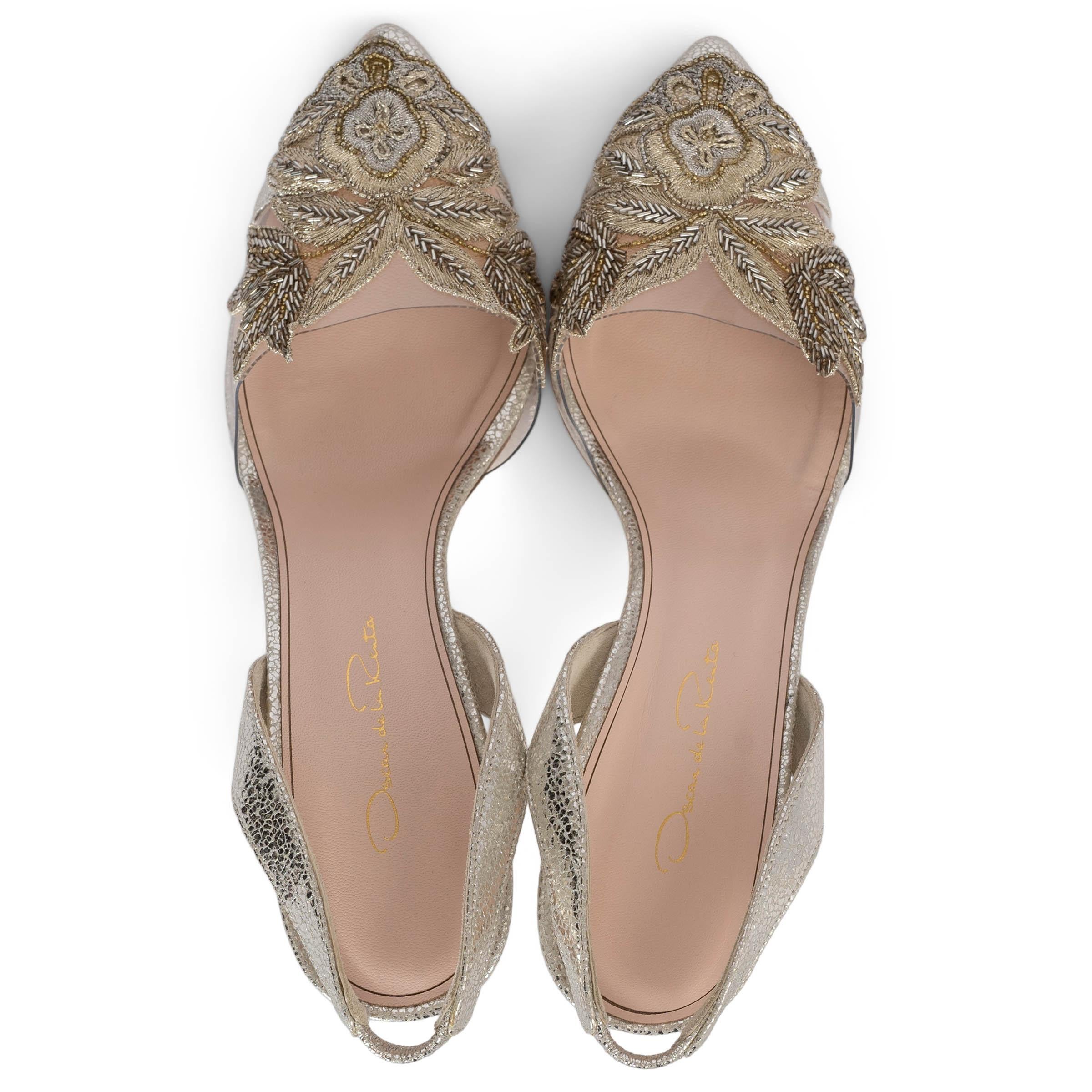 Women's OSCAR DE LA RENTA silver leather BEADED BROCADE Slingbacks Shoes 38.5 fit 38 For Sale