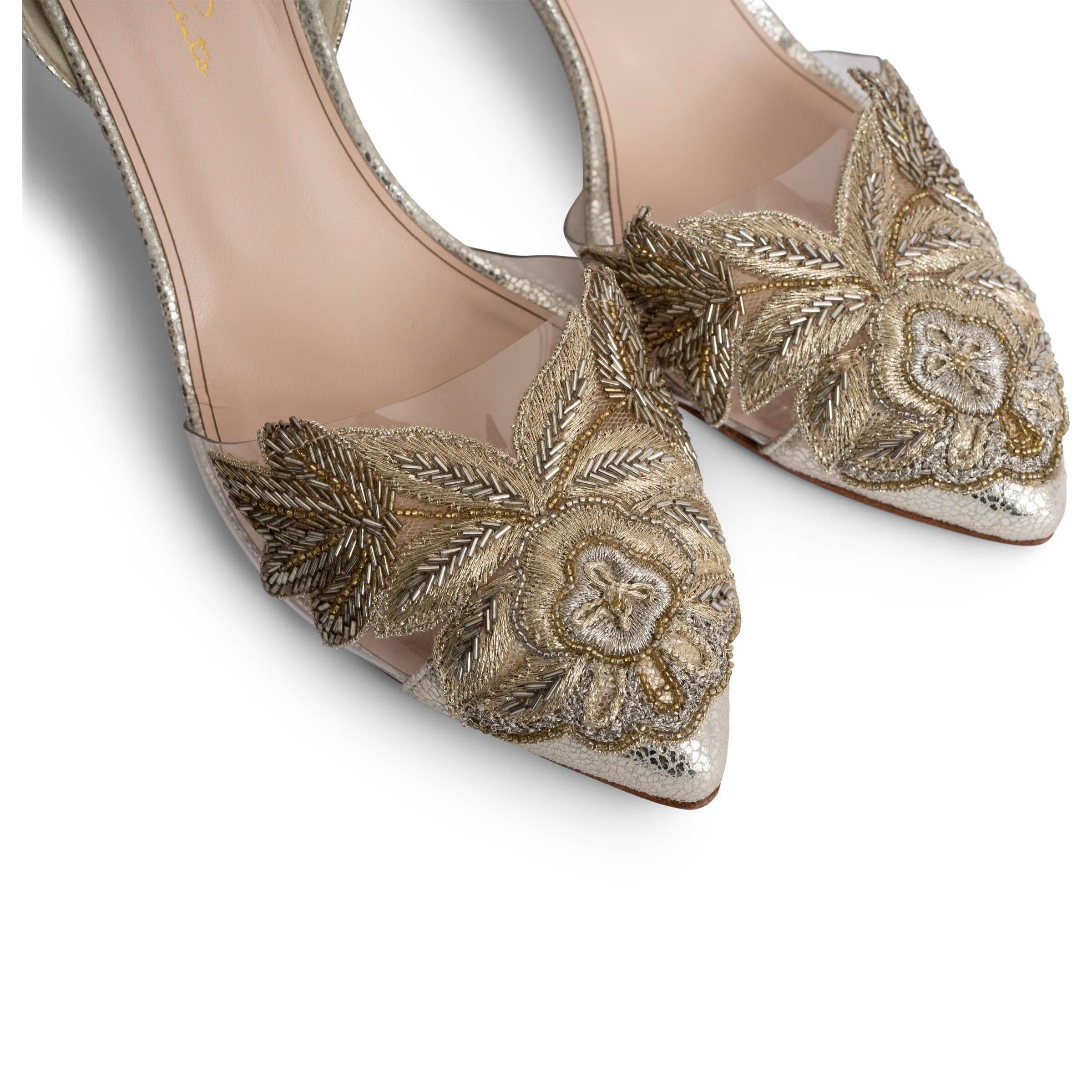 OSCAR DE LA RENTA silver leather BEADED BROCADE Slingbacks Shoes 38.5 fit 38 For Sale 1