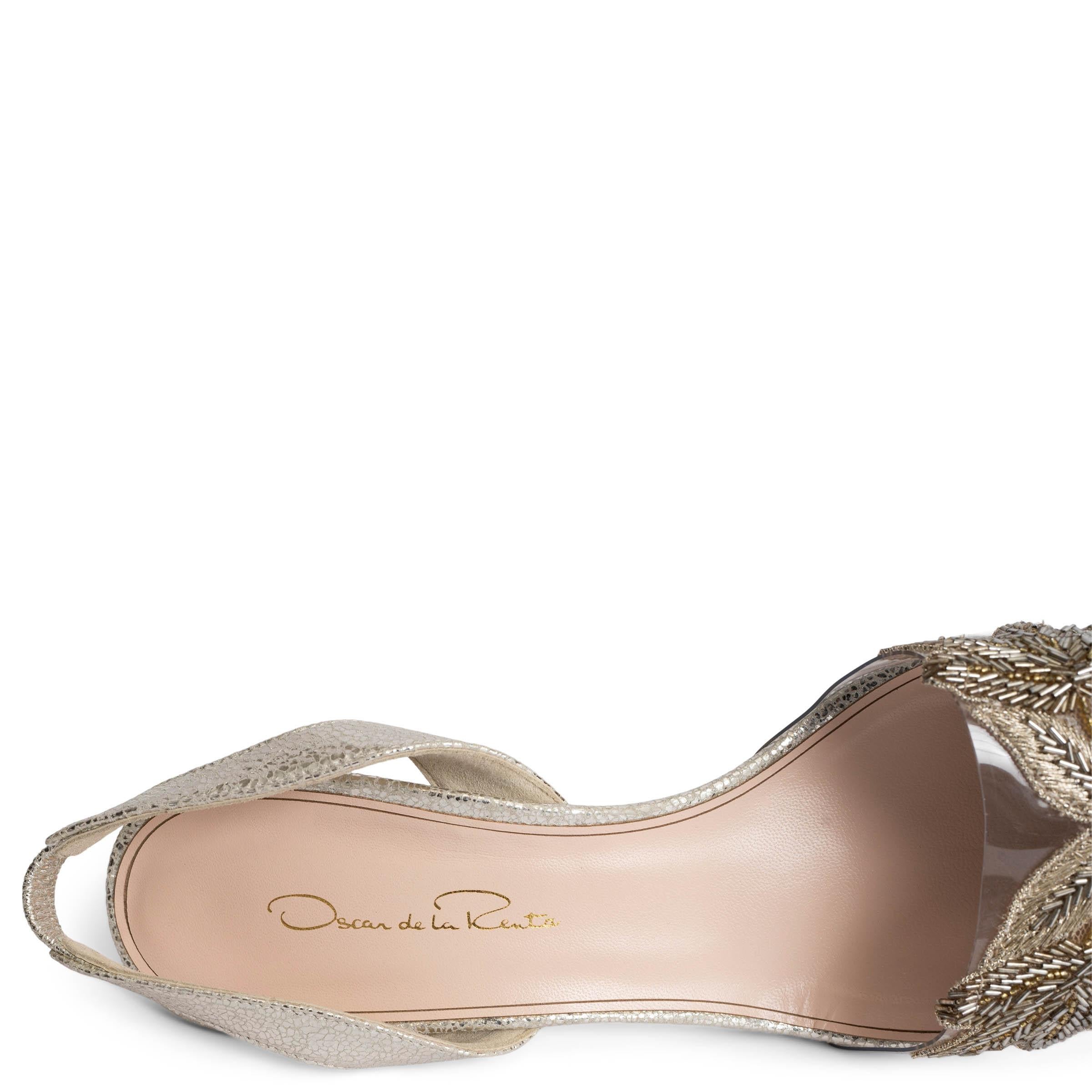OSCAR DE LA RENTA silver leather BEADED BROCADE Slingbacks Shoes 38.5 fit 38 For Sale 2