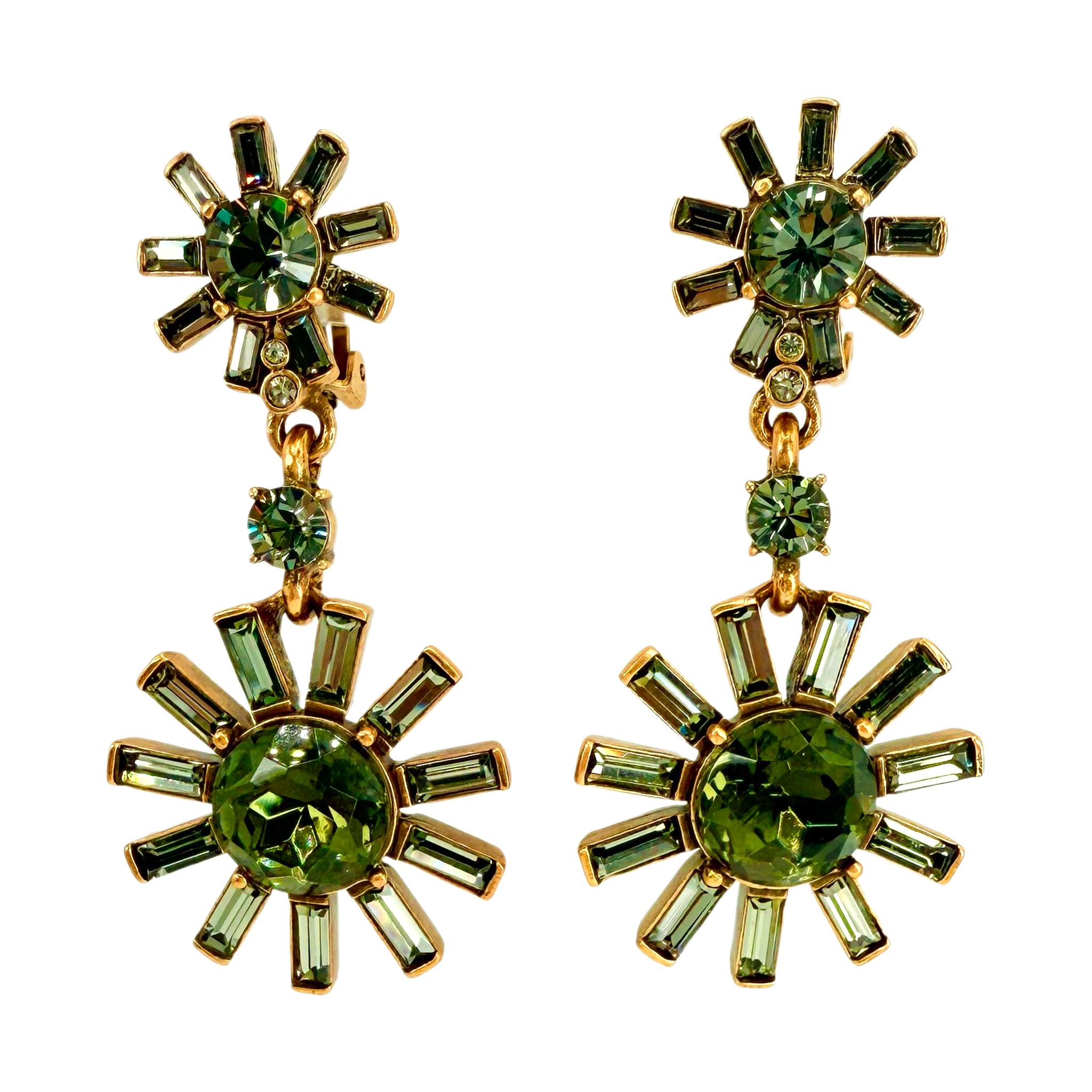 Oscar de la Renta Silver-Plated Olivine Green Baguette Pinwheel Clip Drop Earrin 7