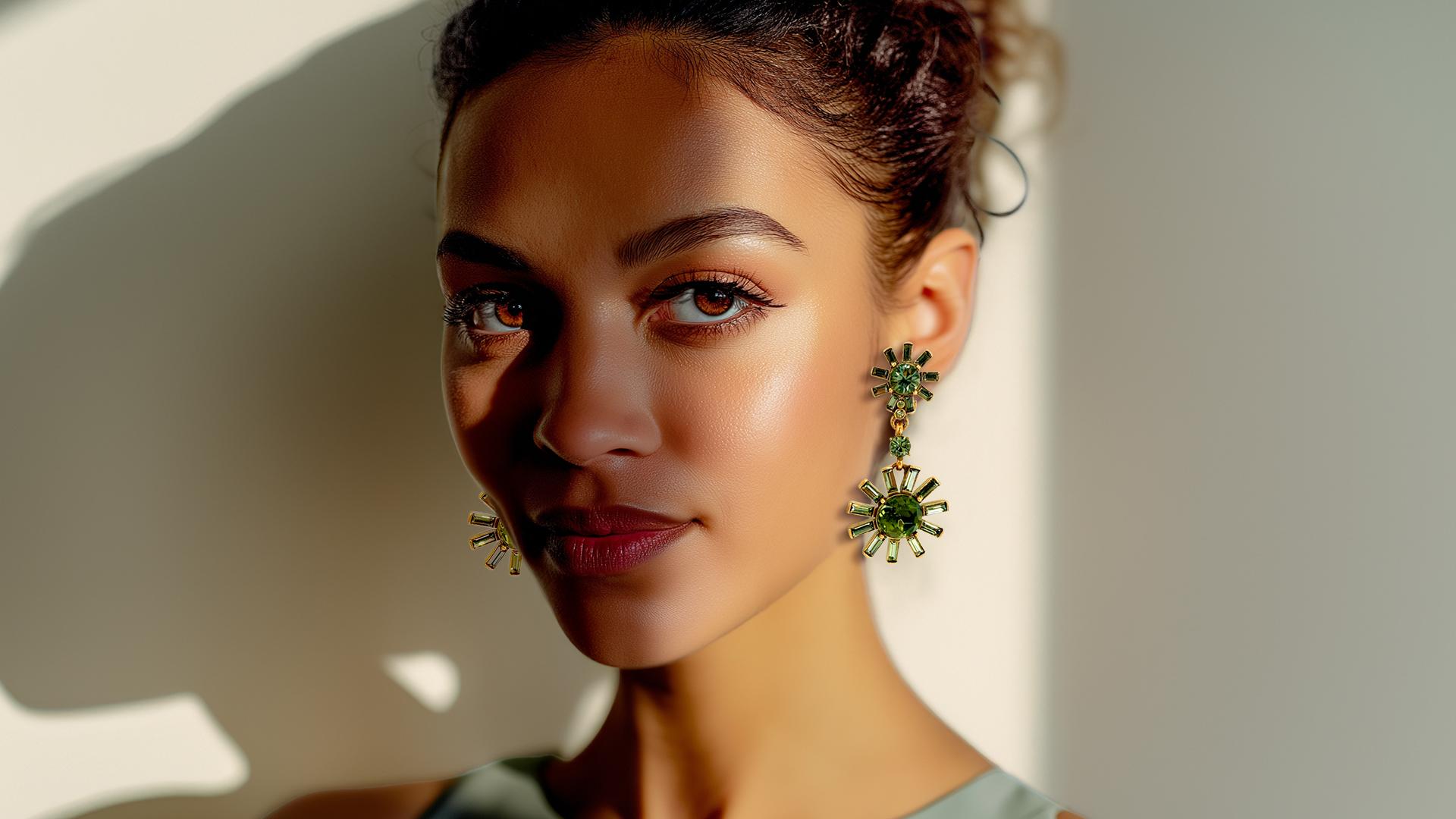 Oscar de la Renta silver-plated clip-on drop earrings featuring olivine green baguette-cut Swarovski crystals arranged in a pinwheel design; a contemporary statement piece blending vibrant color with refined sparkle.

These Oscar de la Renta clip-on