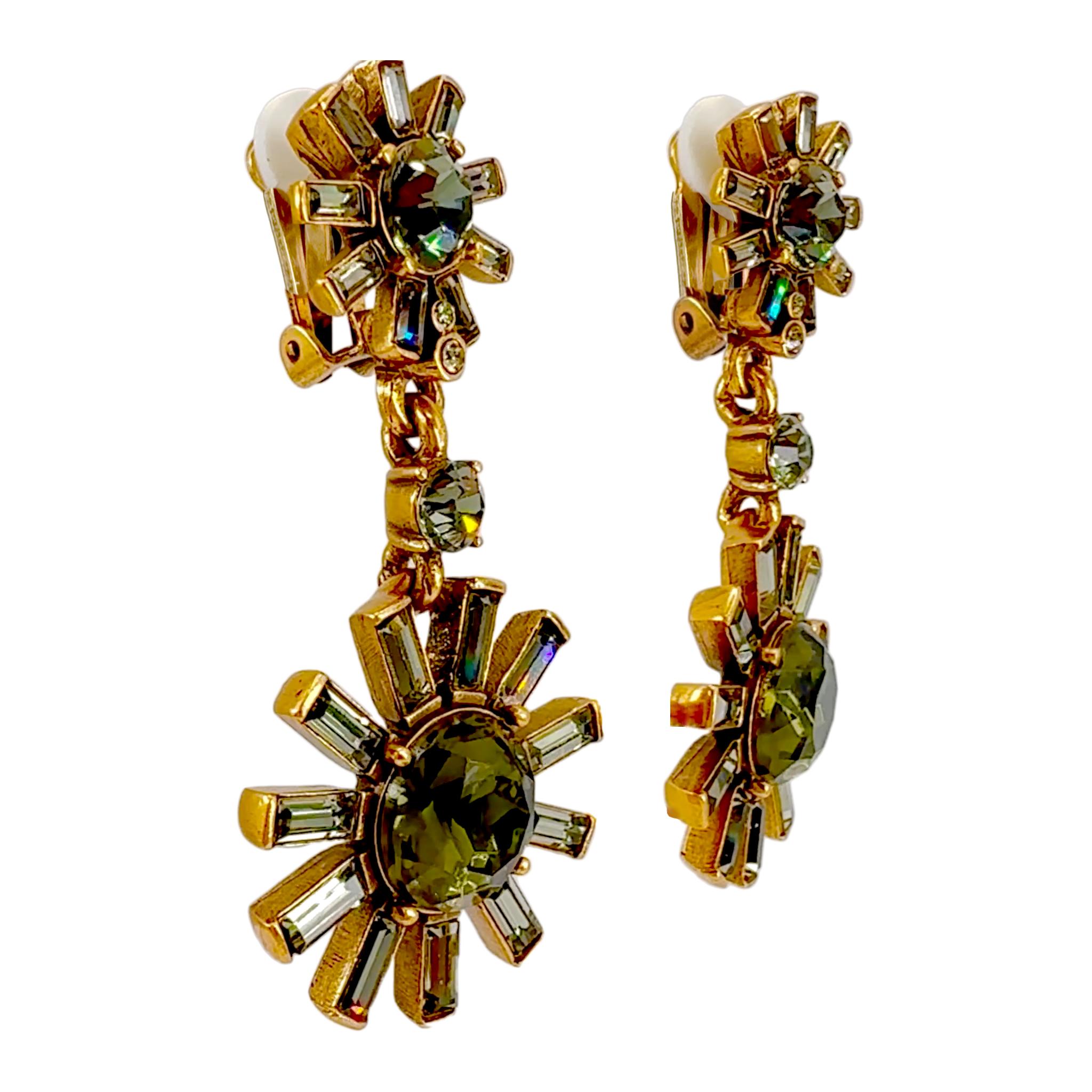 Contemporary Oscar de la Renta Silver-Plated Olivine Green Baguette Pinwheel Clip Drop Earrin