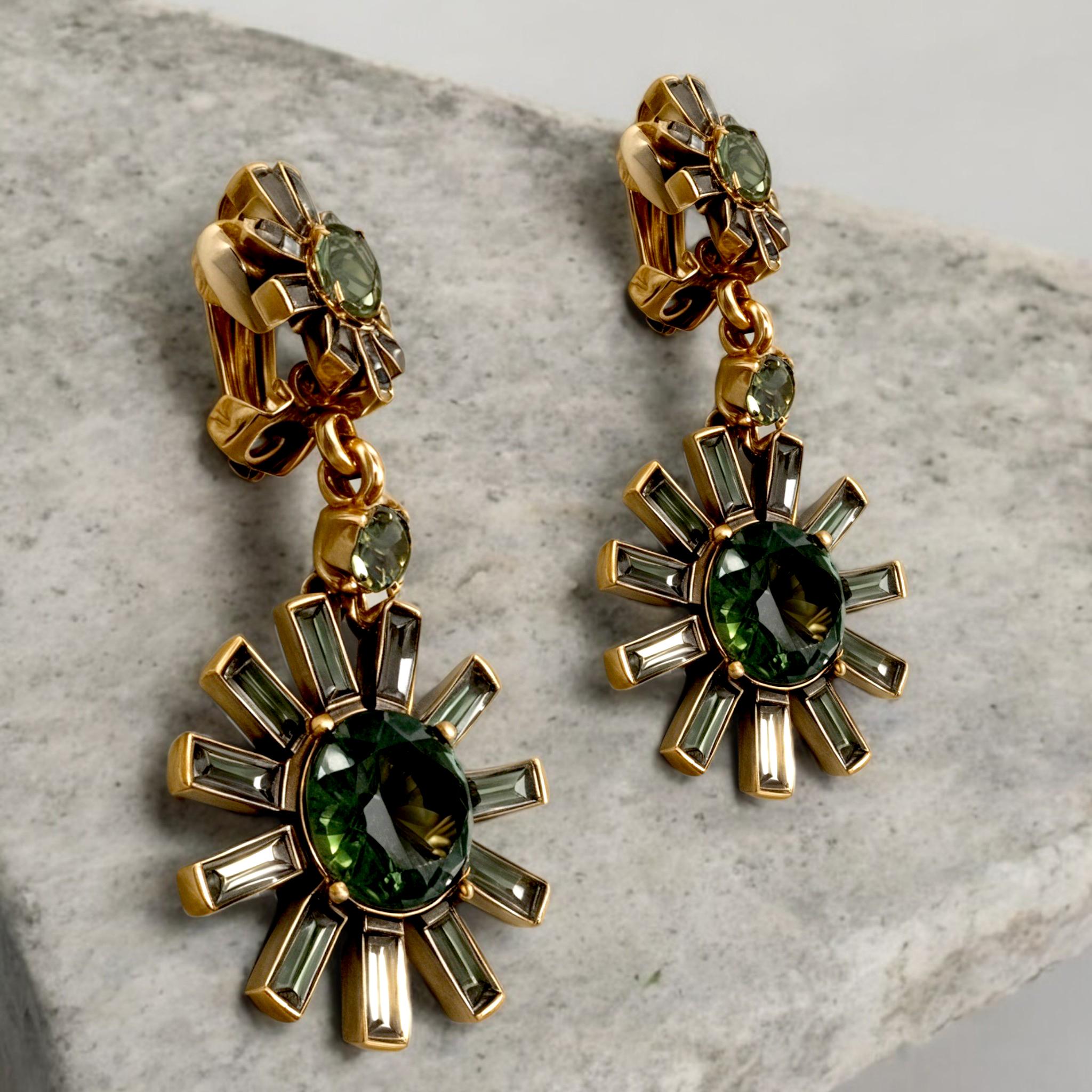 Oscar de la Renta Silver-Plated Olivine Green Baguette Pinwheel Clip Drop Earrin 1